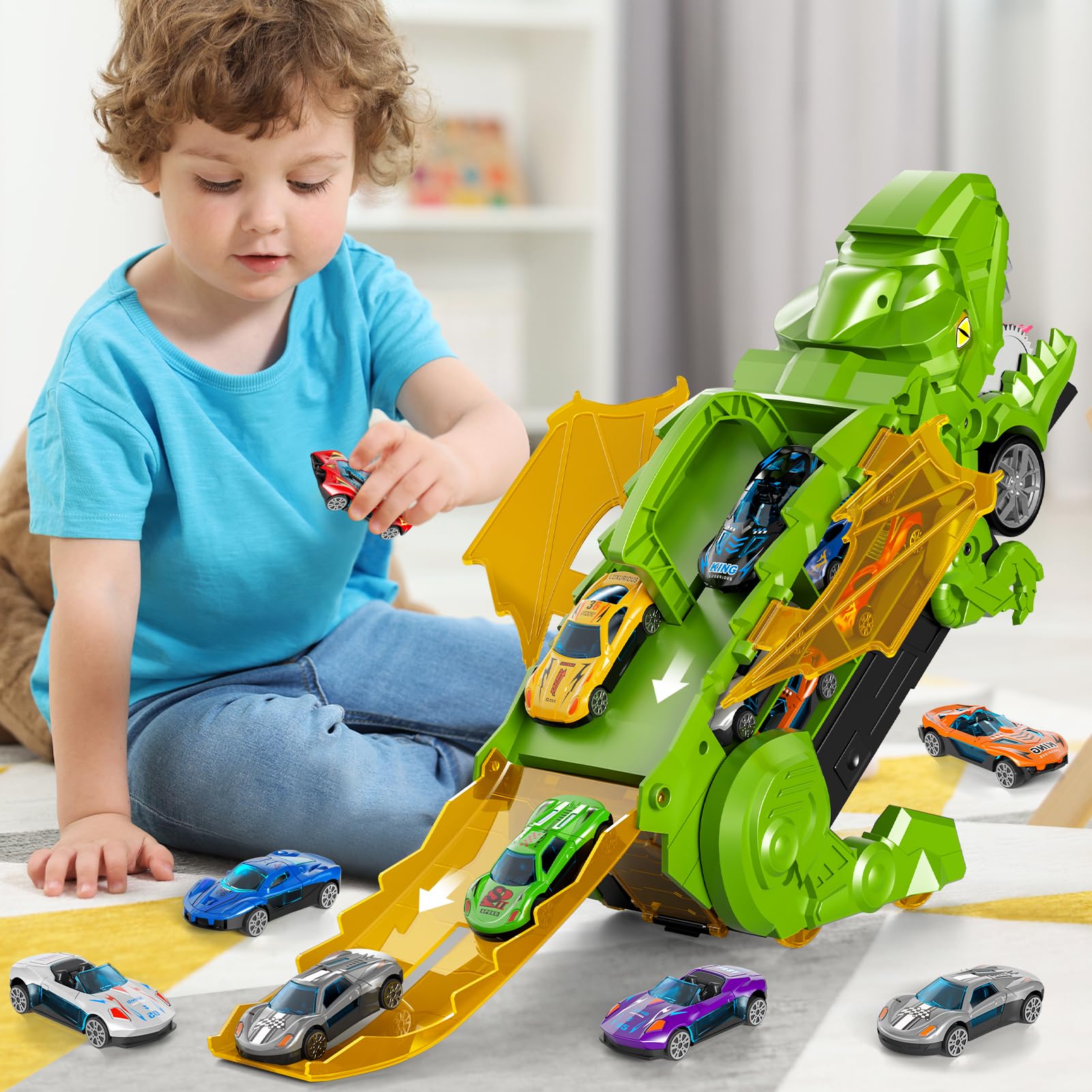 Ci Vetch Juguete de coche para niños de 3 a 6 años, 10 coches fundidos, camión de transporte de dinosaurios, se convierte en dinosaurio, verde