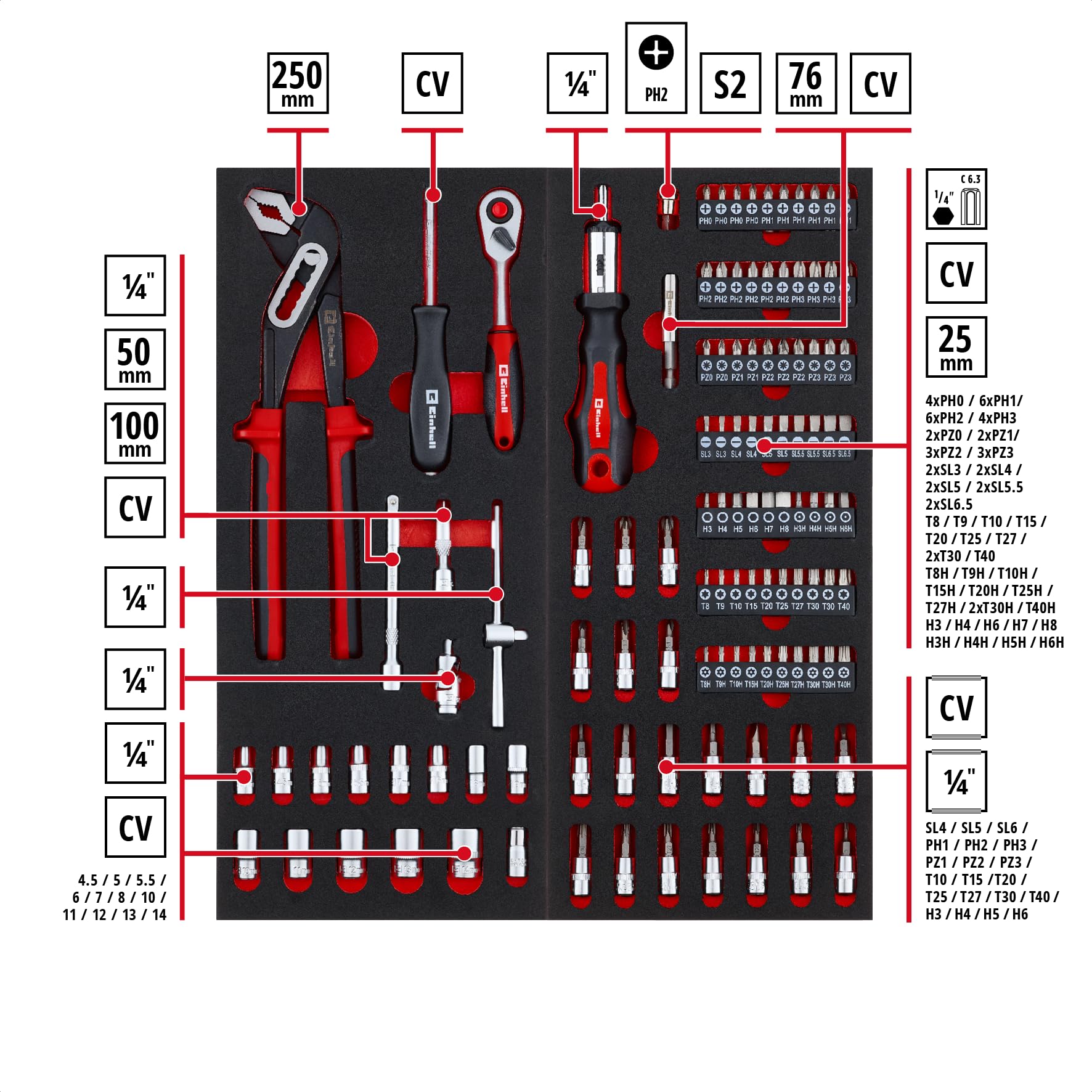 Einhell Kit d'outils pour servante d'atelier 6 pads – 287 pièces avec embouts de précision et spéciaux, pinces, vis, clé à douille, niveau à bulle, marteau et mètre ruban
