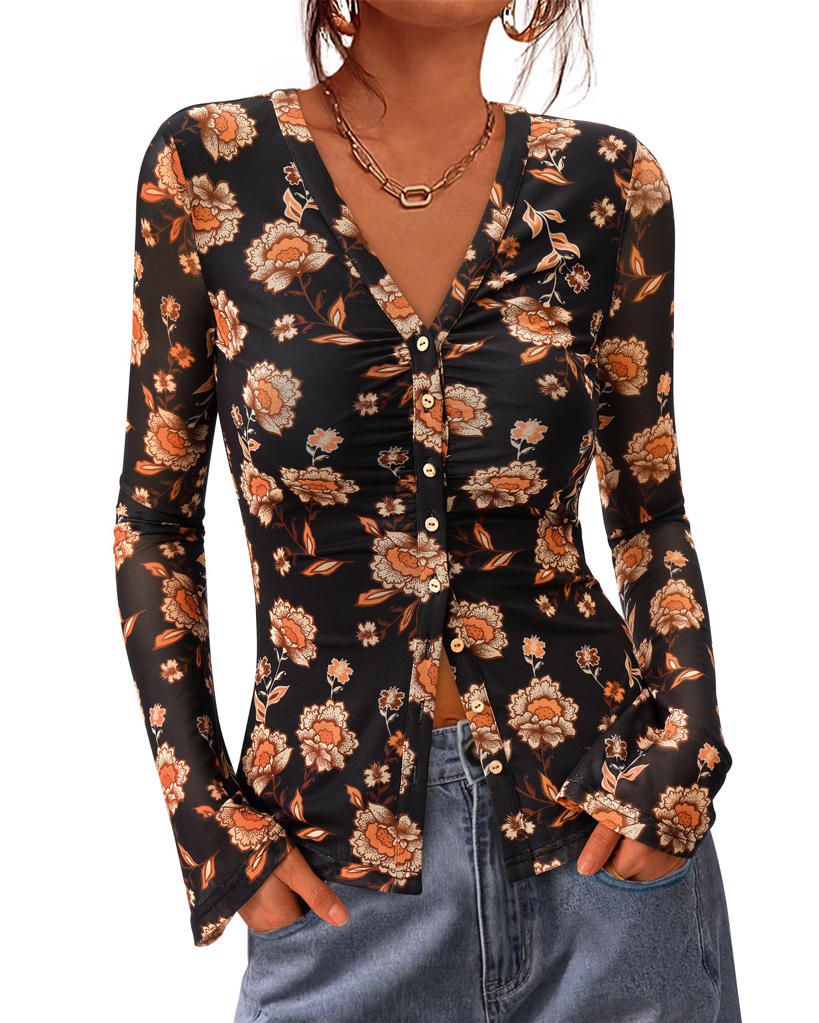 BTFBM Button Down Shirts For Women Fall Outfits 2026 Mesh Floral Boho