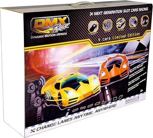 DMX Racer: Dynamic Motion Express - Exclusive Pro Slot Car Racing, 2.4GHz 4 Player 18' Multi-Track, Progressive Remote Control Vehicles, Lane Changing