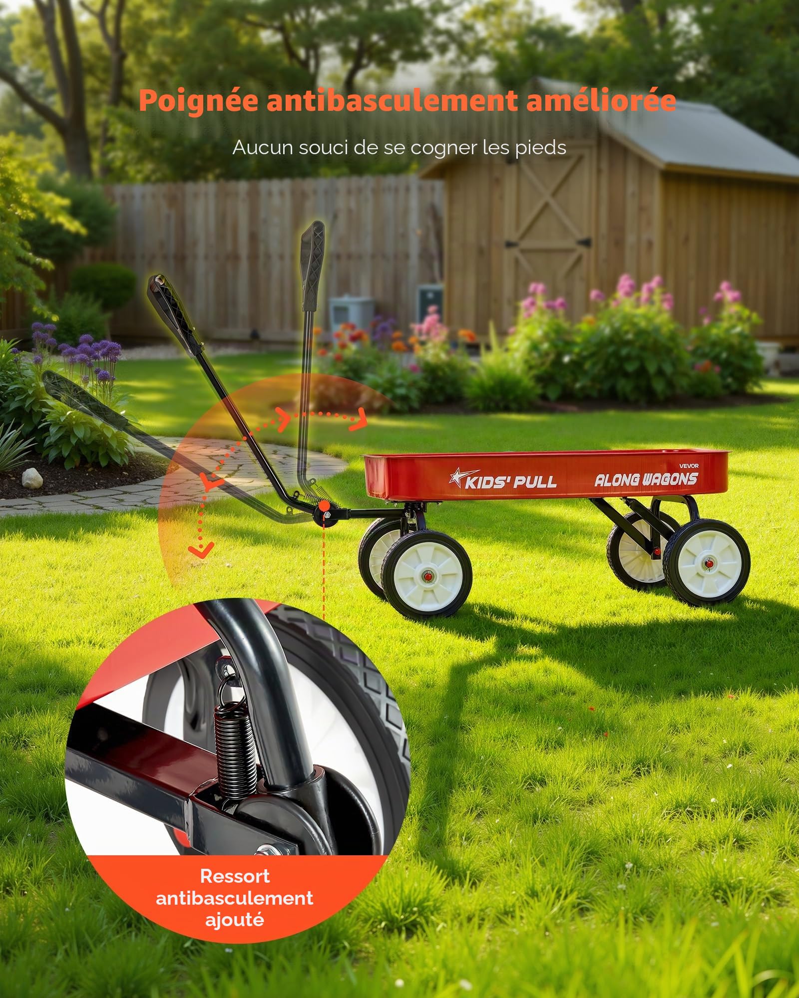 VEVOR Chariot à Tirer Enfants 101 cm Chariot Tout-Terrain Tout-Petits Métal, Charge 80 kg, pour Cadeau d'anniversaire Enfants, Jardinage, Plage, Camping, Aventures en Plein Air, avec Poignée, Rouge