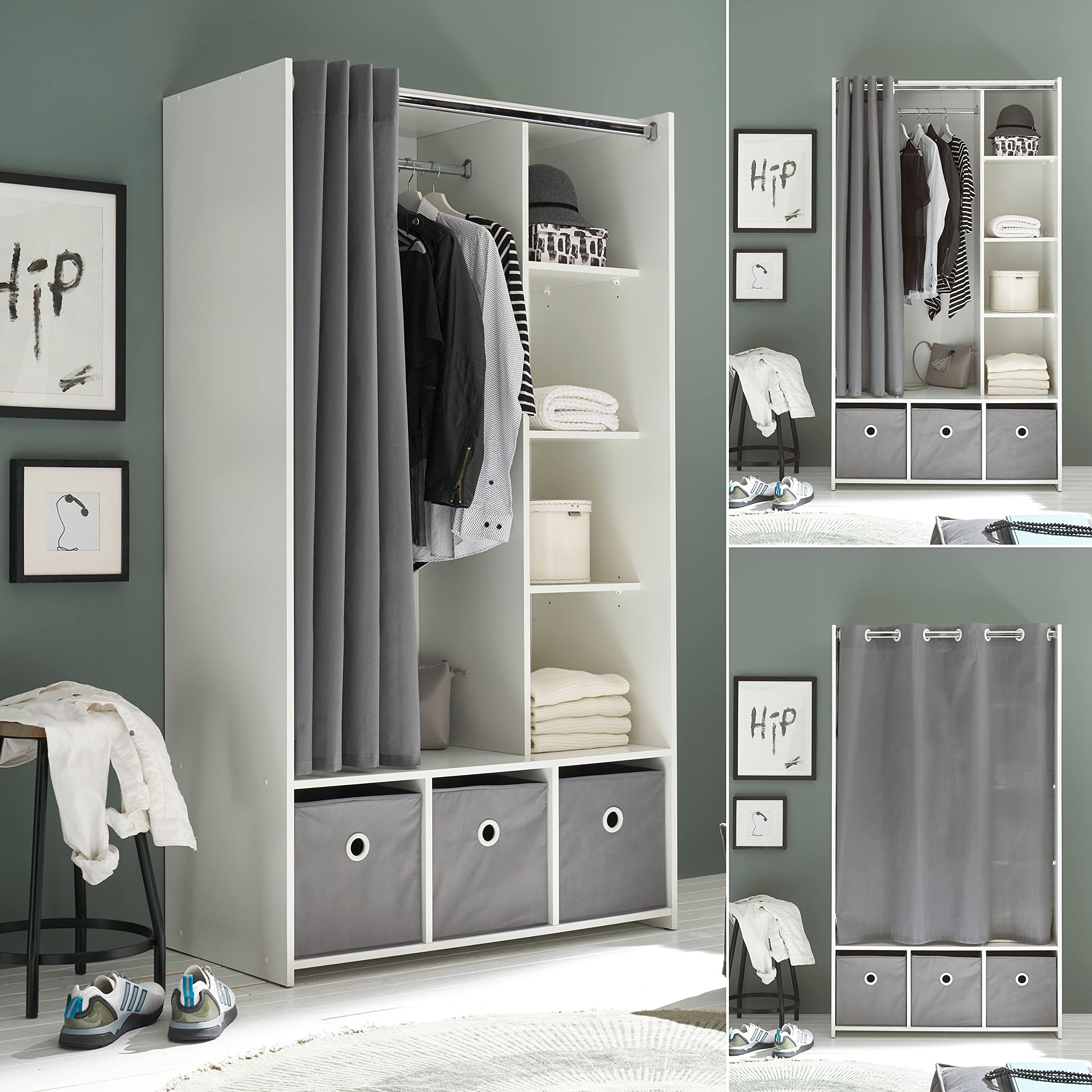 Stella Trading JENKE, Armadio appendiabiti, bianco con 3 scatole portaoggetti e tenda in tessuto, versatile armadio multiuso con utile divisione interna degli spazi, 100 x 180 x 50 cm (L x A x P)