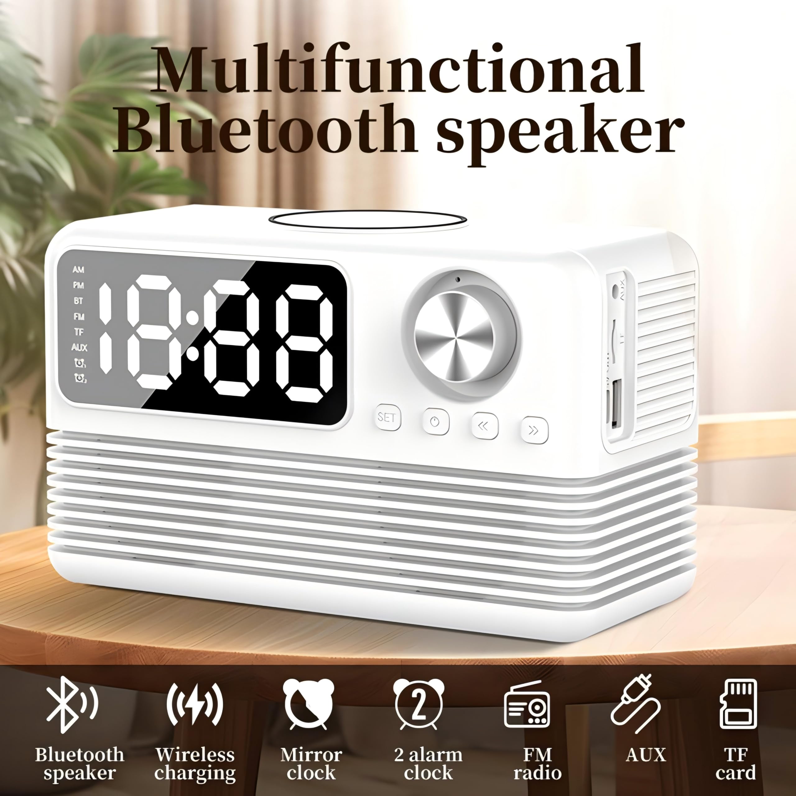 Reloj despertador para mesita de noche, 15 W, carga inalámbrica, con altavoz Bluetooth, alarmas duales, batería de respaldo, regulable, gran pantalla HD, reloj de radio digital para