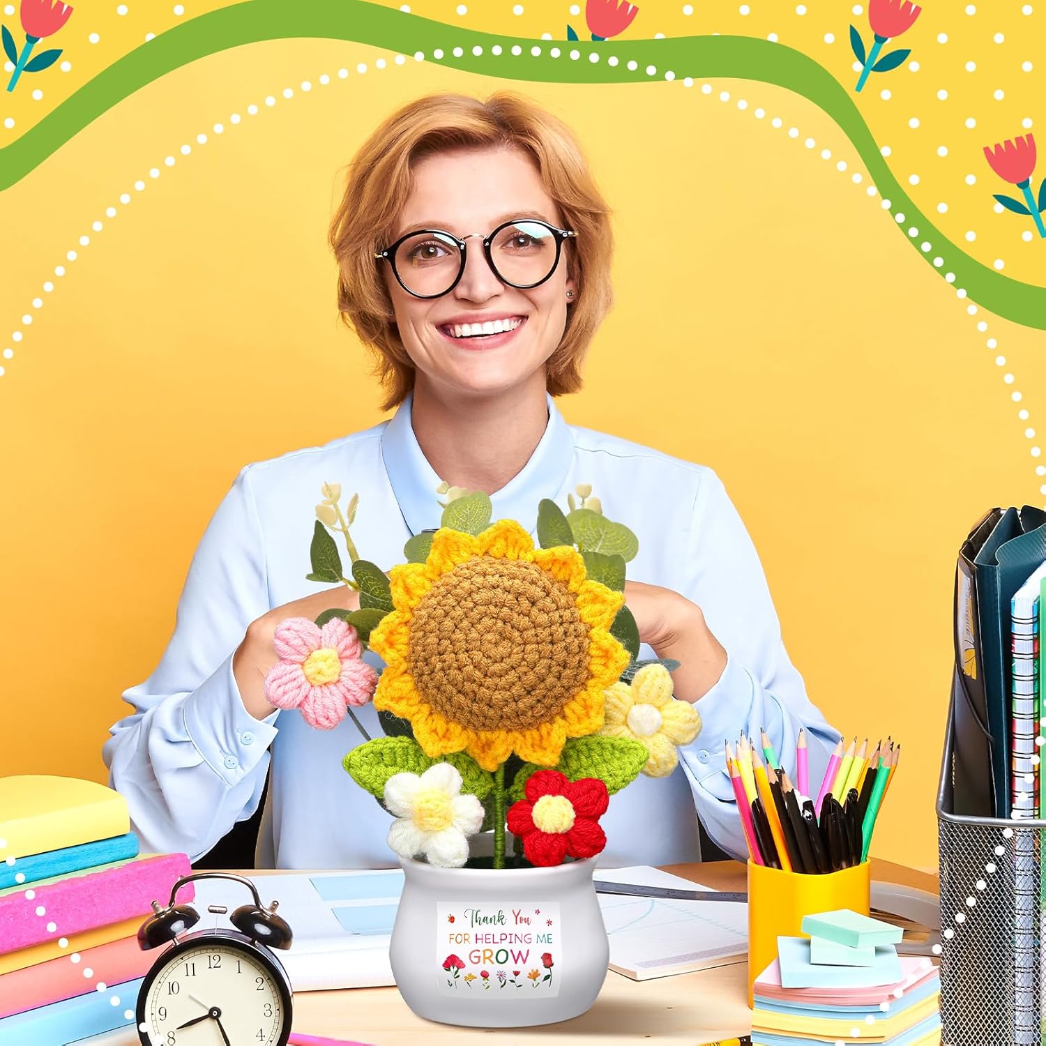 Teacher Appreciation Gift from Students Thank You for Helping Me Grow Presents Positive Handmade Crochet Pot for Teacher Boss Lady 2026 Graduation Retirement Gift(Sunflower) - Image 6