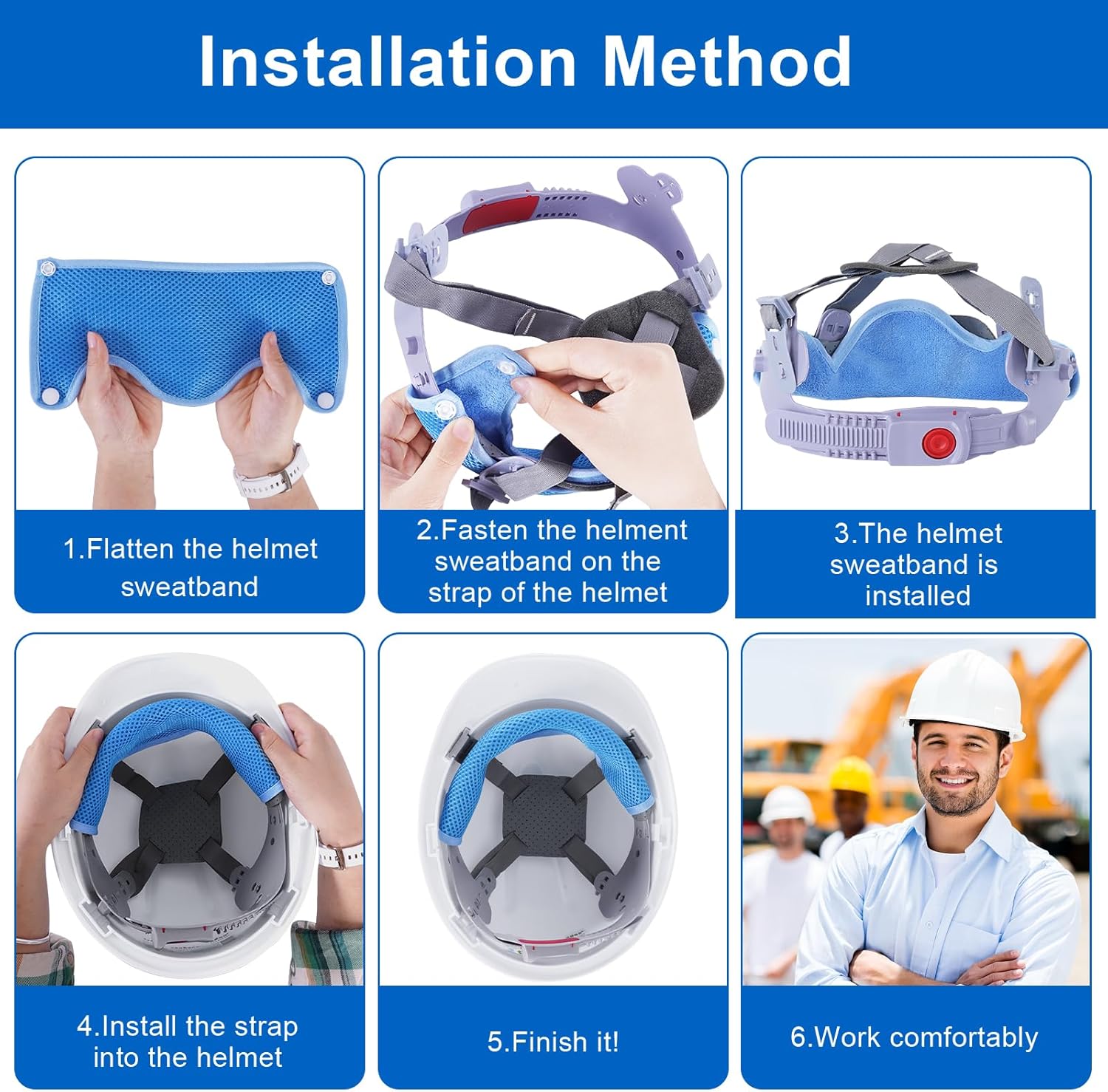 3 Pcs Blue Hardhat Sweatbands Washable Sweat Bands with One Side Mesh and One Side Fleece, Replacement Cotton Hard Hat Liner for Hard Hats Helmet Comforter Pad Hard Hat Accessories