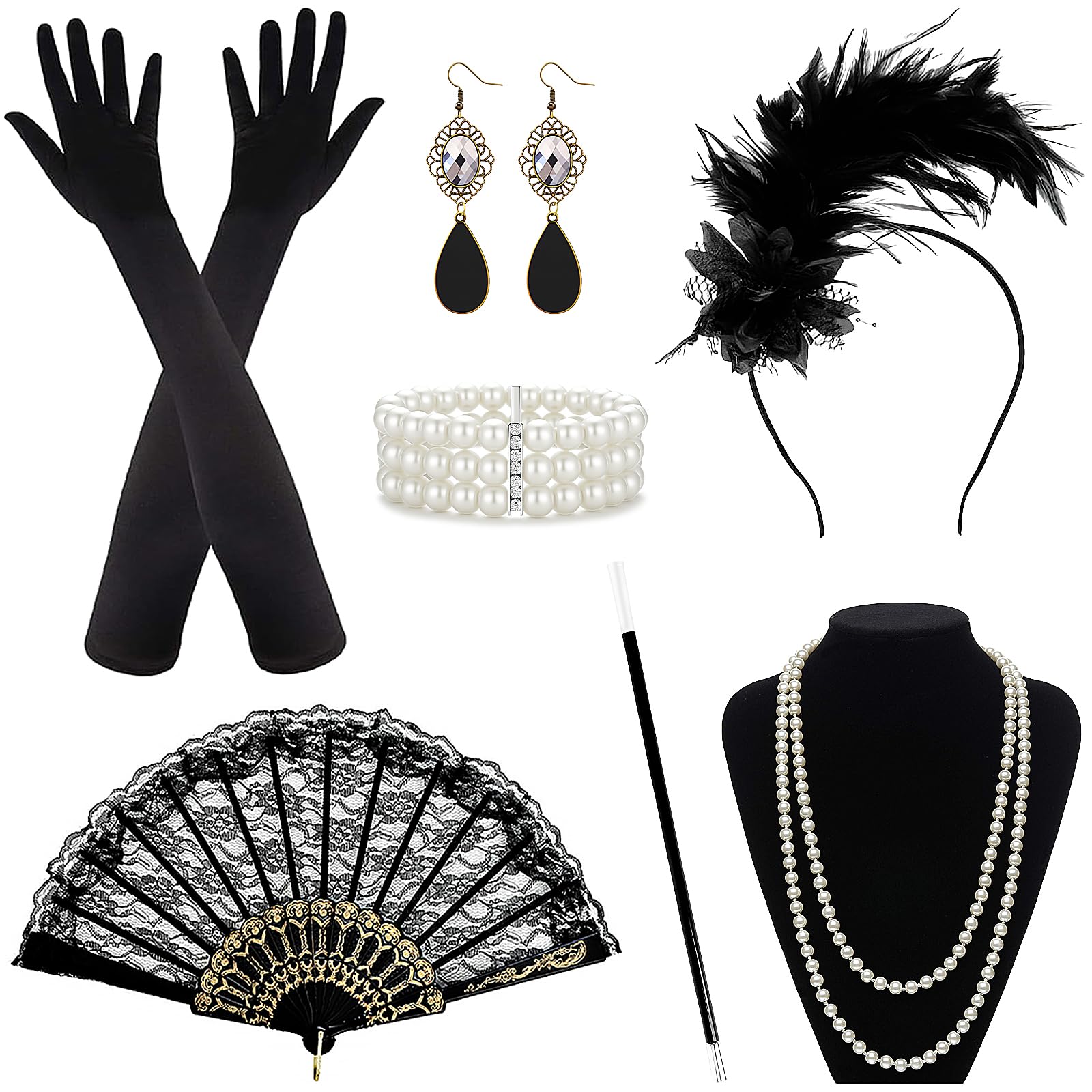 7Pcs 1920s Accessories Set for Women, Great Gatsby Costume Accessories with Feather Headband, Pearl Necklace, Long Black Gloves, Earrings, Bracelet, Lace Fan for Roaring 20s Fancy Dress Party