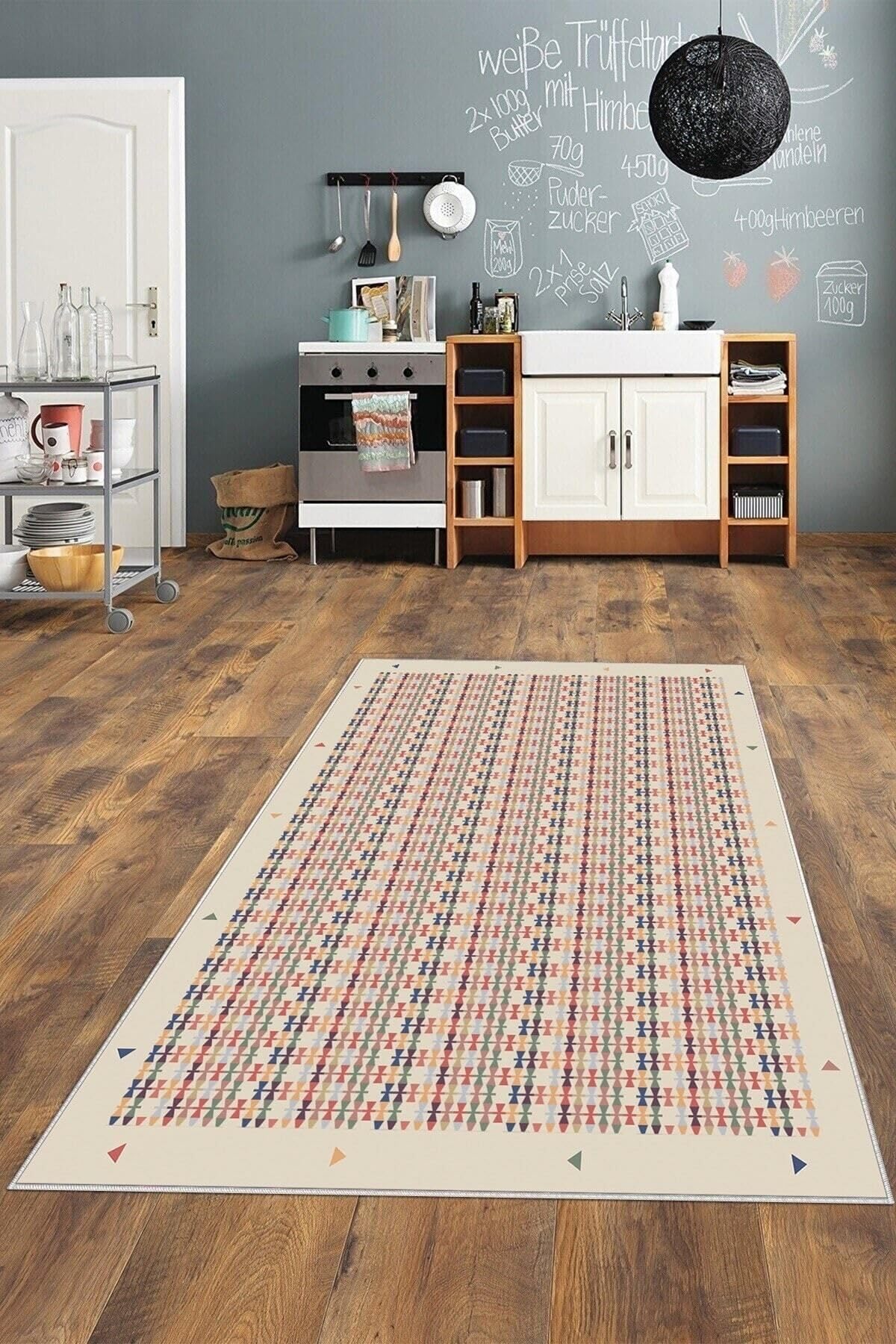 Pelangi Çok Renkli Kilim Desenli Yıkanabilir Kaymaz Taban Leke Tutmaz Modern Salon Halısı Ve Yolluk, Bej-Renkli 100 x 350, 135822210035005