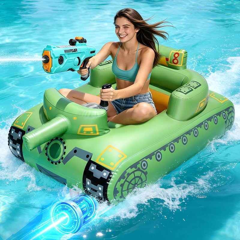 GIGIGO Motorized Pool Float with Electric Water Gun, Tank Floats with Motor | Rechargeable, for Adults & Teens, Strong Propeller, 360° Steering, Inflatable Raft, Pool Toys for Lake, River, Party, Holiday
