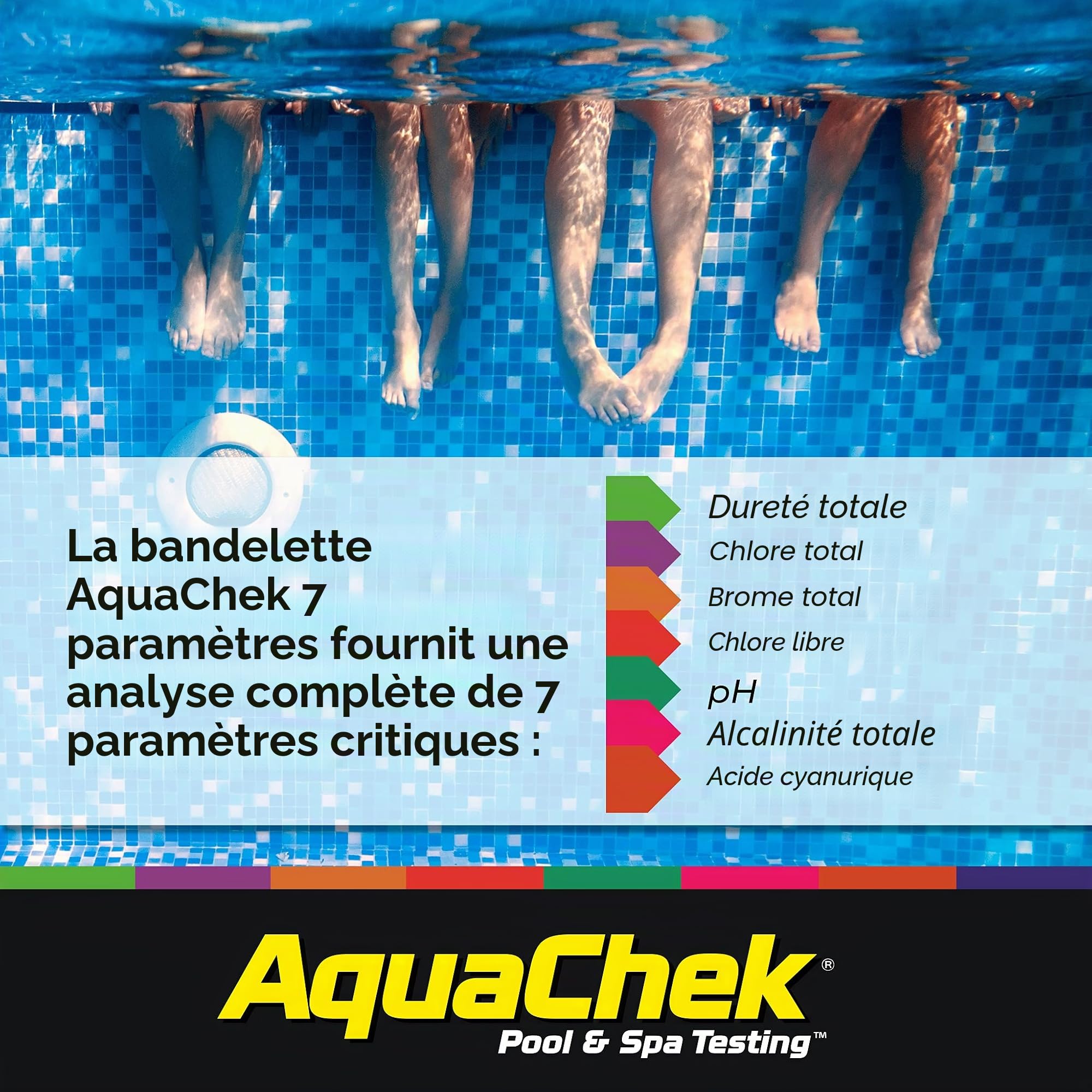 AquaChek Bandelettes de test 7 voies pour piscine et spa – Bandelettes de test argentées pour le pH, le chlore total, le chlore libre, le brome, l'alcalinité, la dureté totale et l'acide cyanurique –