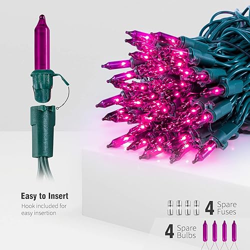 Miniatura 2 de Hopolon Juego de 50 mini luces incandescentes de Navidad color rosa y morado, cable verde de 13 pies con certificación UL para árbol de Navidad,