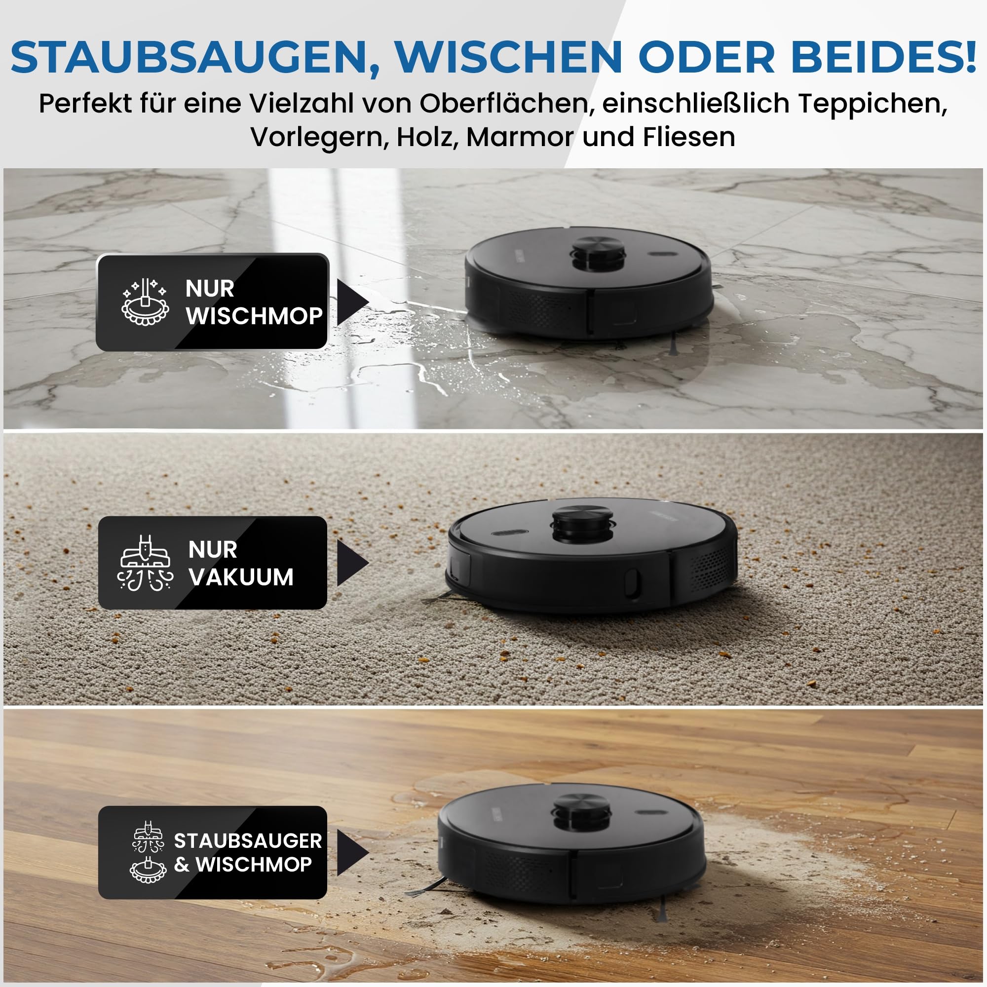 Olsen & Smith Saugroboter mit Wischfunktion & Absaugstation, Selbstladend | 6500 Pa Saugkraft, Lasernavigation, Saug- & Wischroboter, App-Steuerung, Selbstaufladend, Absaugstation, Intelligent