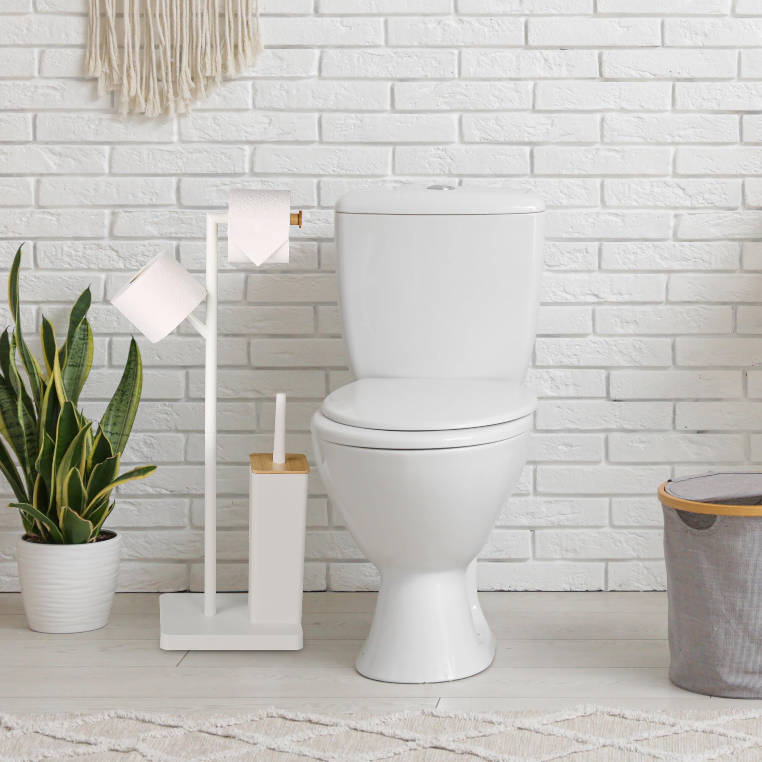 Relaxdays Piantana Portarotolo e Scopino, Portascopino Bagno, Porta Rotolo Carta Igienica di Scorta 71x23x18 cm, Bianco