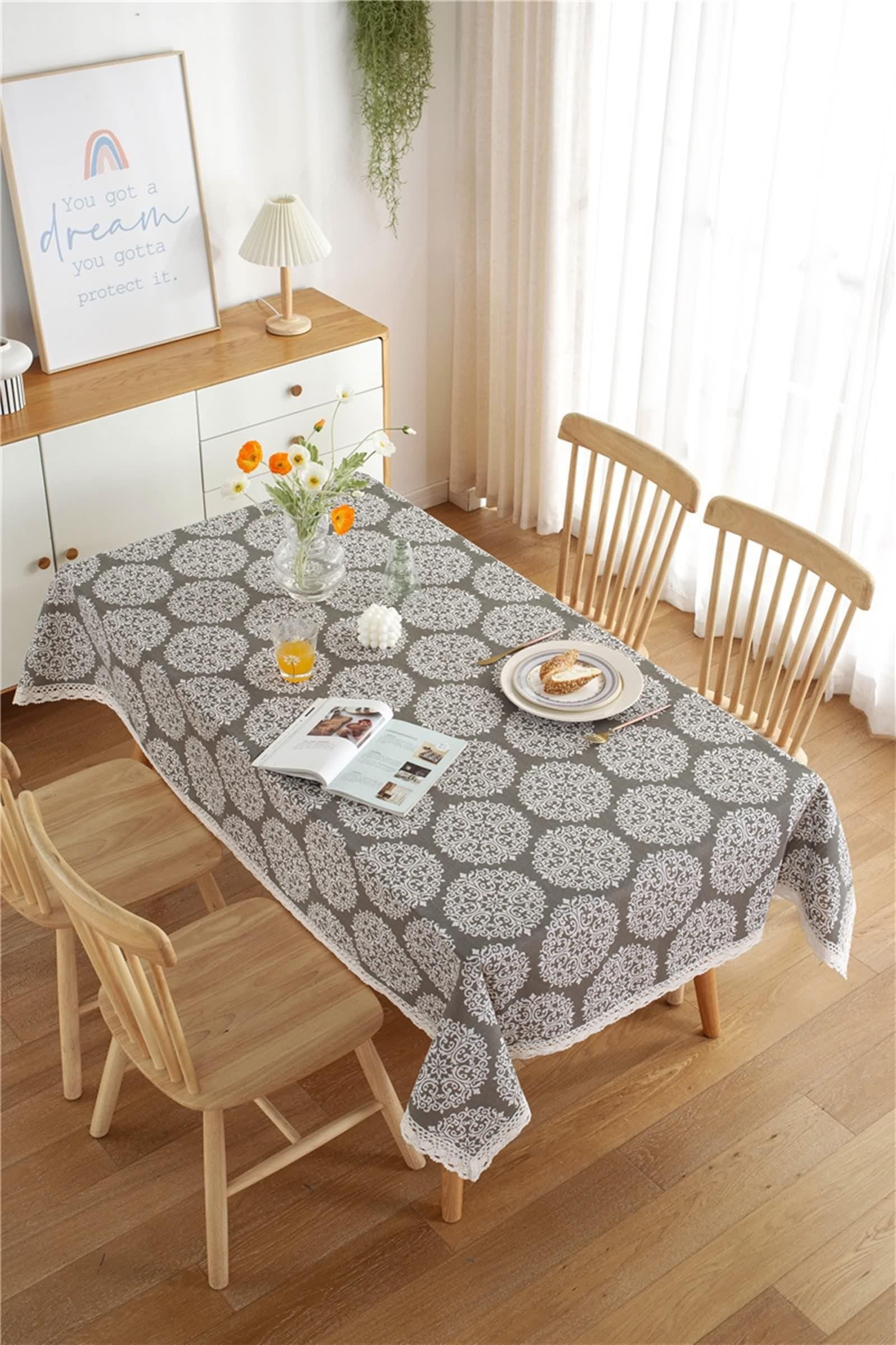Copritavolo Soggiorno Moderno Grigio, Tovaglia Compleanno Elegante Cotone Poliestere Fiore Stampato Decorativa 140X260CM per Cucina