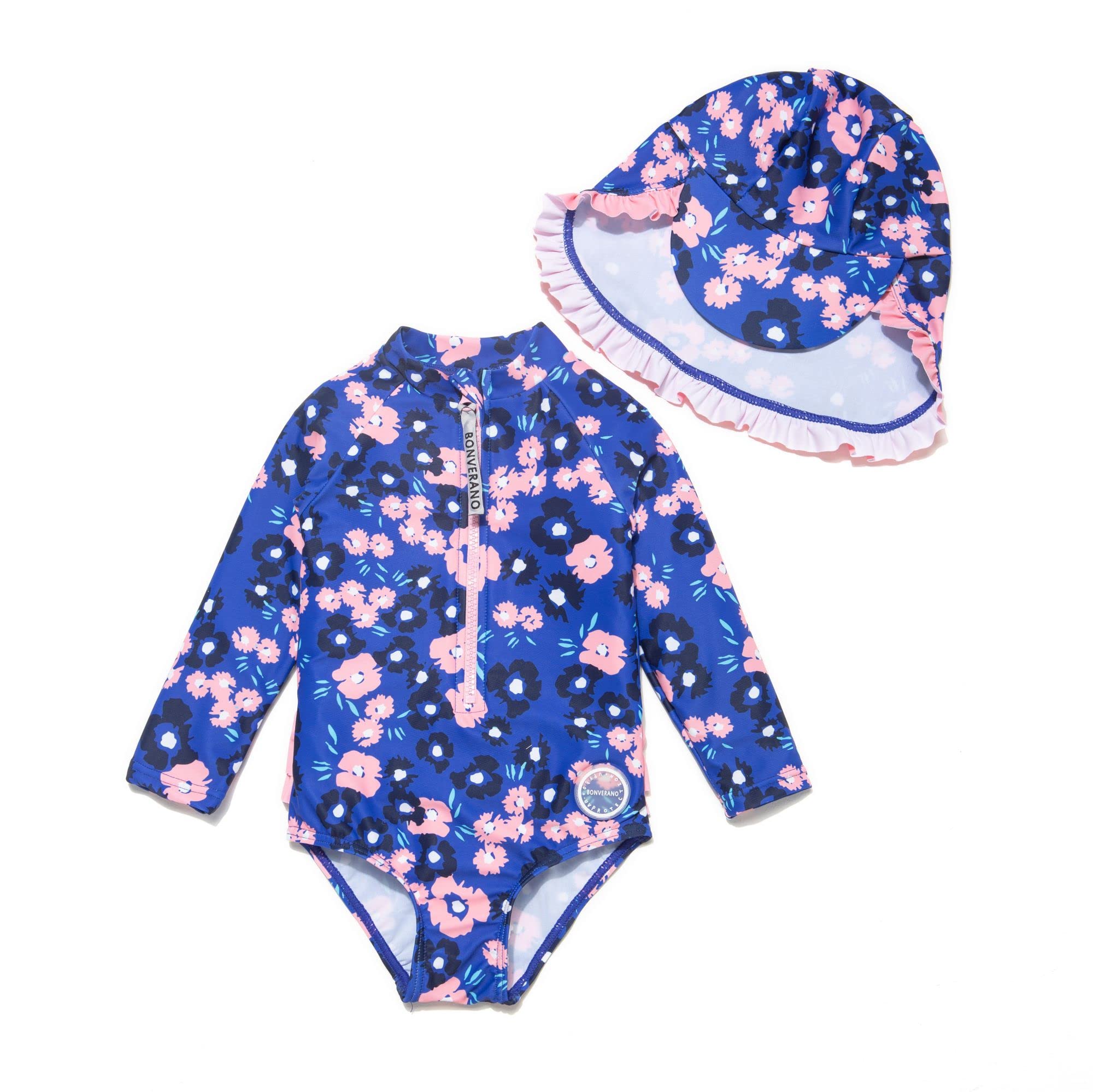 BONVERANO Traje de baño de una Pieza para niña, Mangas largas, protección UV 50+ con Gorra