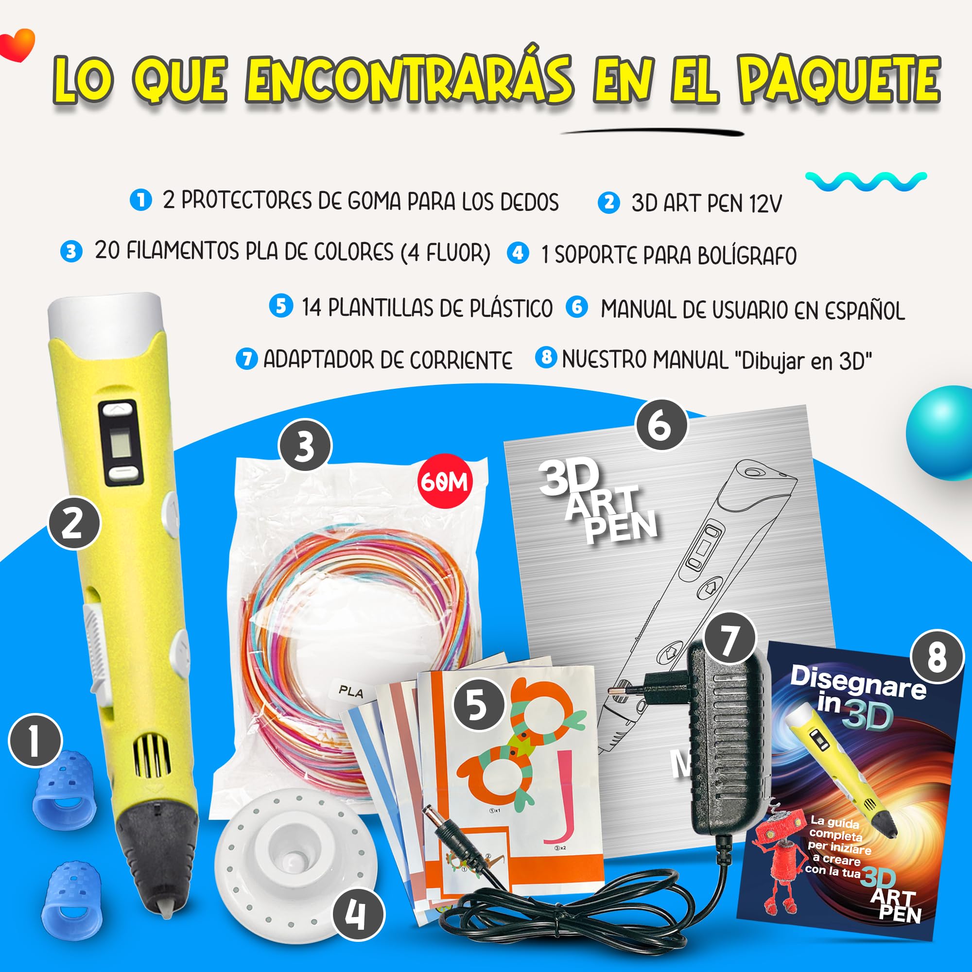 The Italian Home® Boligrafo 3D niños + Instrucciones en español y guía ilustrada de Regalo + 60m 20 Colores Filamentos PLA (4 Fluorescentes) - boli 3D, Lapiz 3D, boligrafo 3D para niños