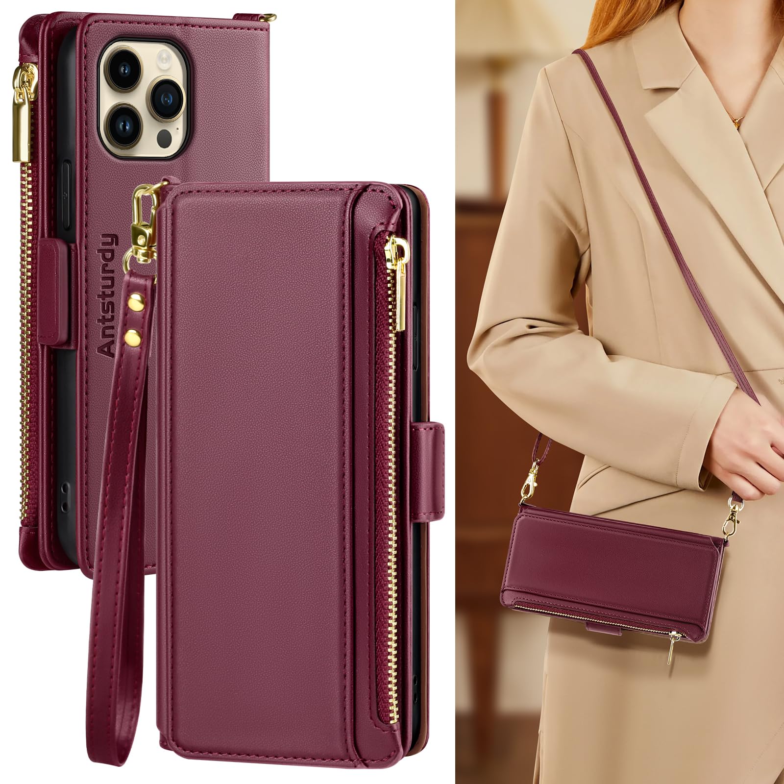 Antsturdy Compatible with iPhone 13 Pro Wallet Case Women【RFID Blocking】 PU Leather Crossbody Phone Case Zipper with Wrist Strap Shockproof Flip Cover