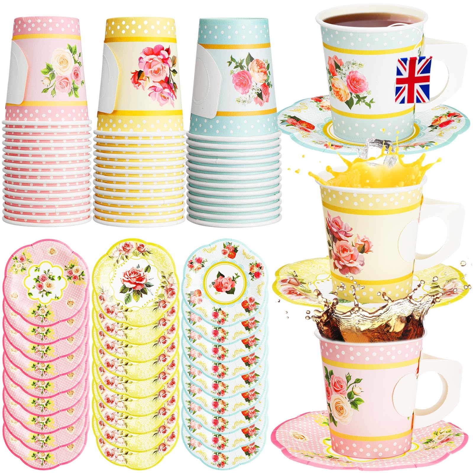 Yarlung Lot De 96 Tasses à Thé Et Soucoupes En Papier à Motif Floral