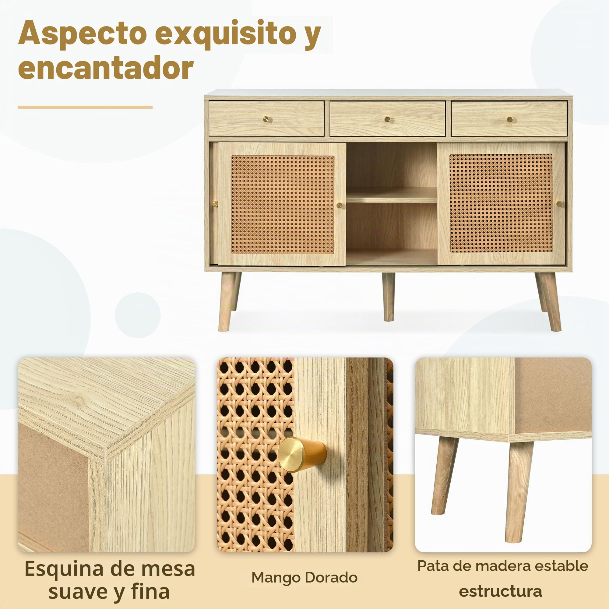 Aparador de 120 x 40 x 78 cm, cómoda con 3 cajones y 3 puertas correderas, mimbre de ratán en los frentes de la puerta, patas de madera maciza, tirador de metal dorado, estantes ajustables,