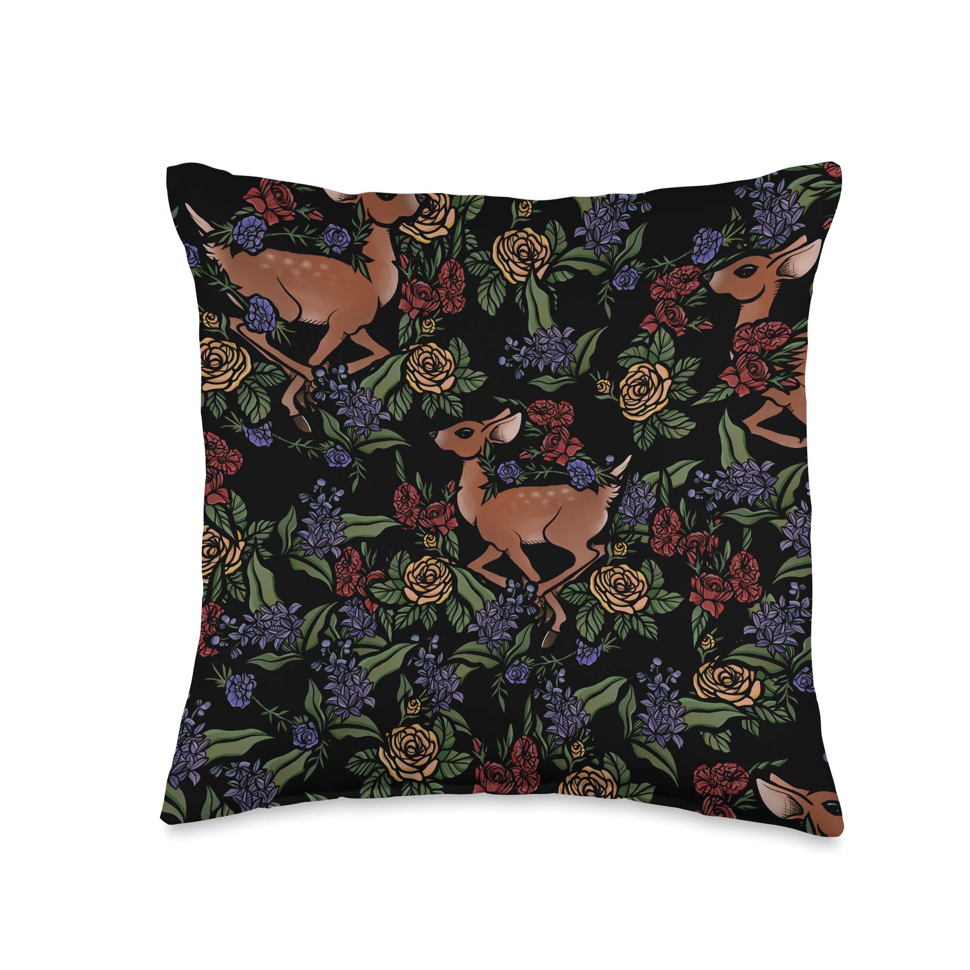 BubbSnuggMoody Deer Fawn Flowers Sad Throw Pillow, 16x16, Multicolor