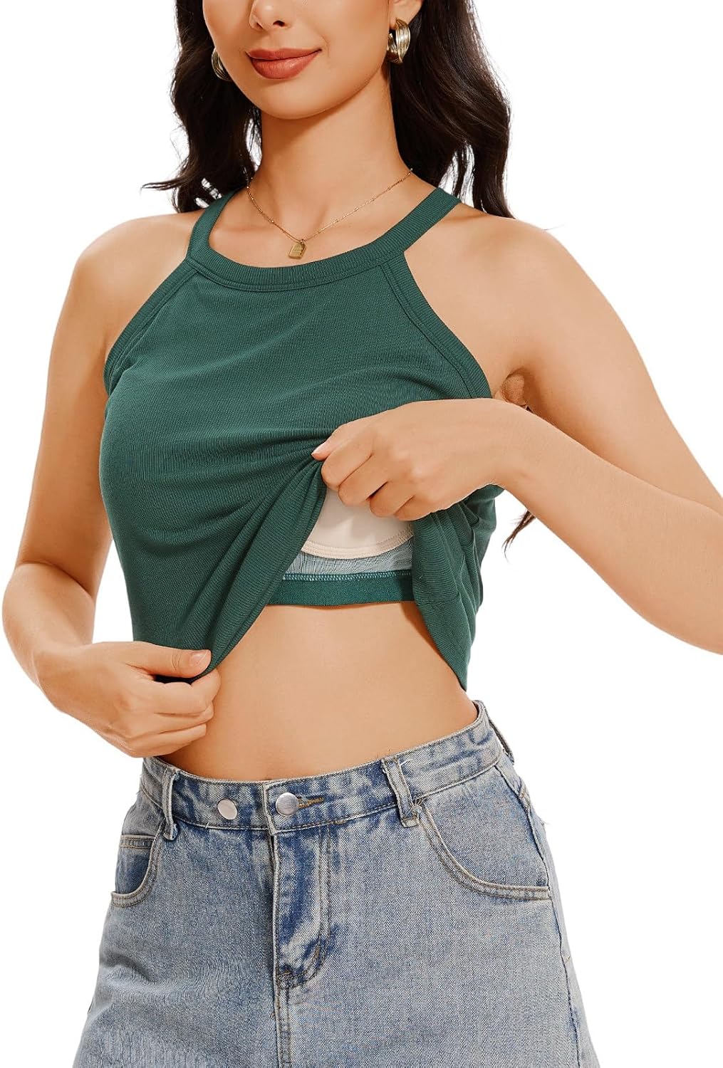 Womens Halter Tank Top with Built in Bra Ribbed Fitted Tank Tops Sleeveless Camisole Tanks - Image 3