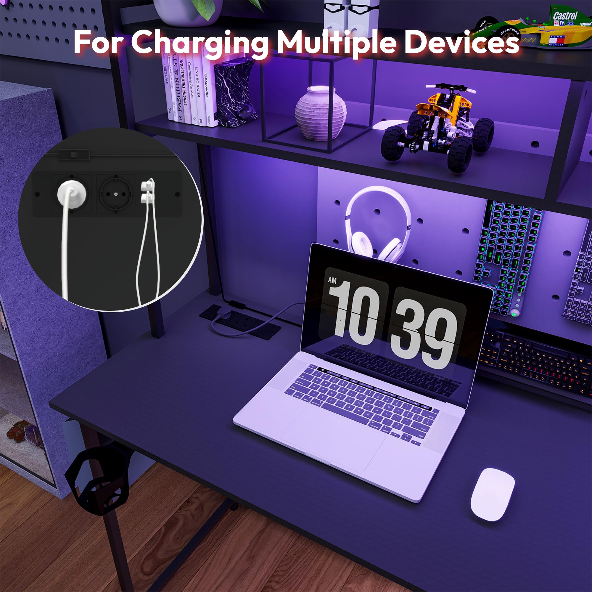 SANODESK LED Bureau Gaming 120 * 140cm, Bureau d'angle avec Rangement, 2 Chargeur USB, 2 Prises, Bureau Informatique PC en Forme L avec Support de Moniteur pour Jouer et Travailler, Noir
