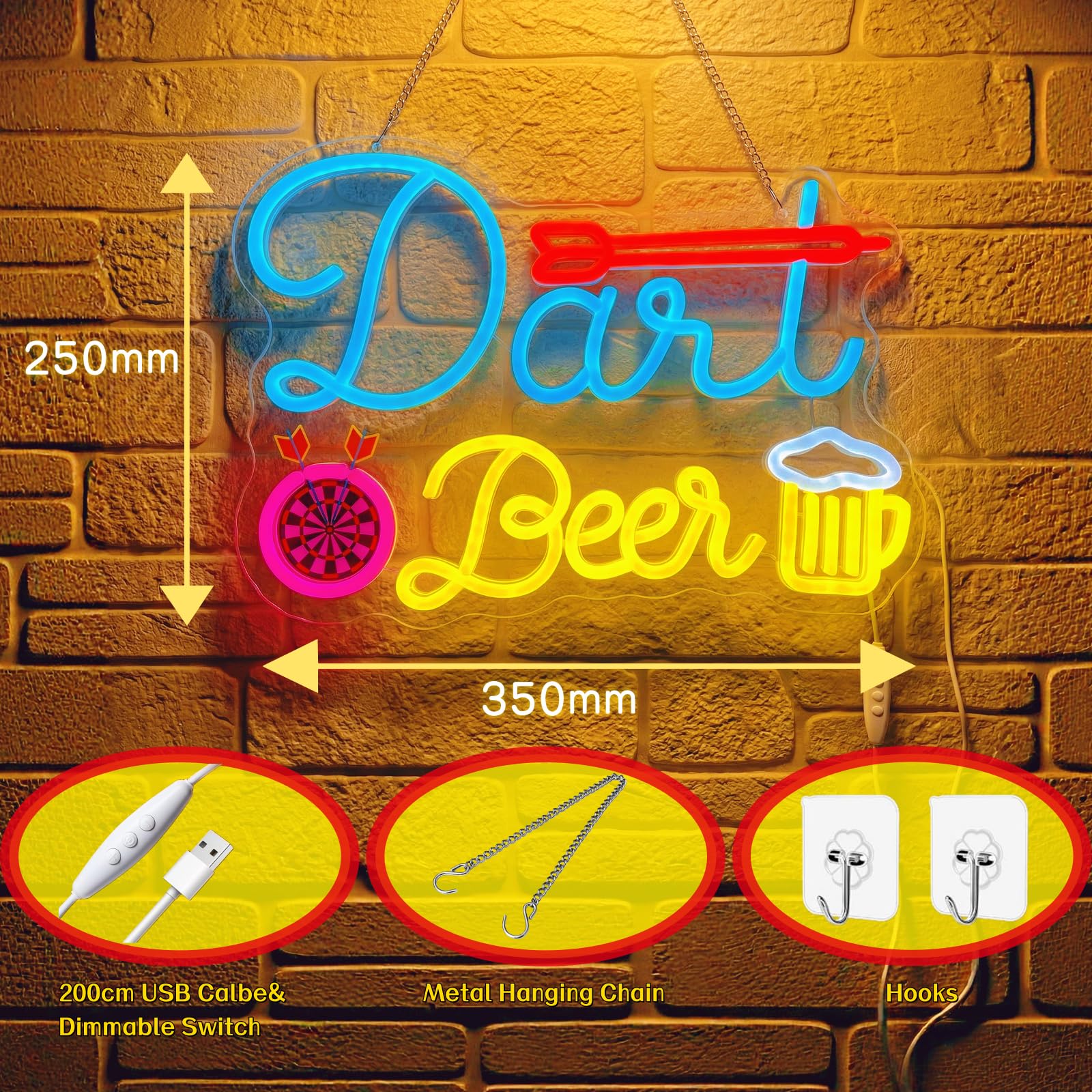 Panneau lumineux néon sur la bière – Cible de fléchettes néon LED et bière, décoration murale pour bar, salle de fête, cave, pub, salle de jeux, cadeau pour les fans de fléchettes et de bière