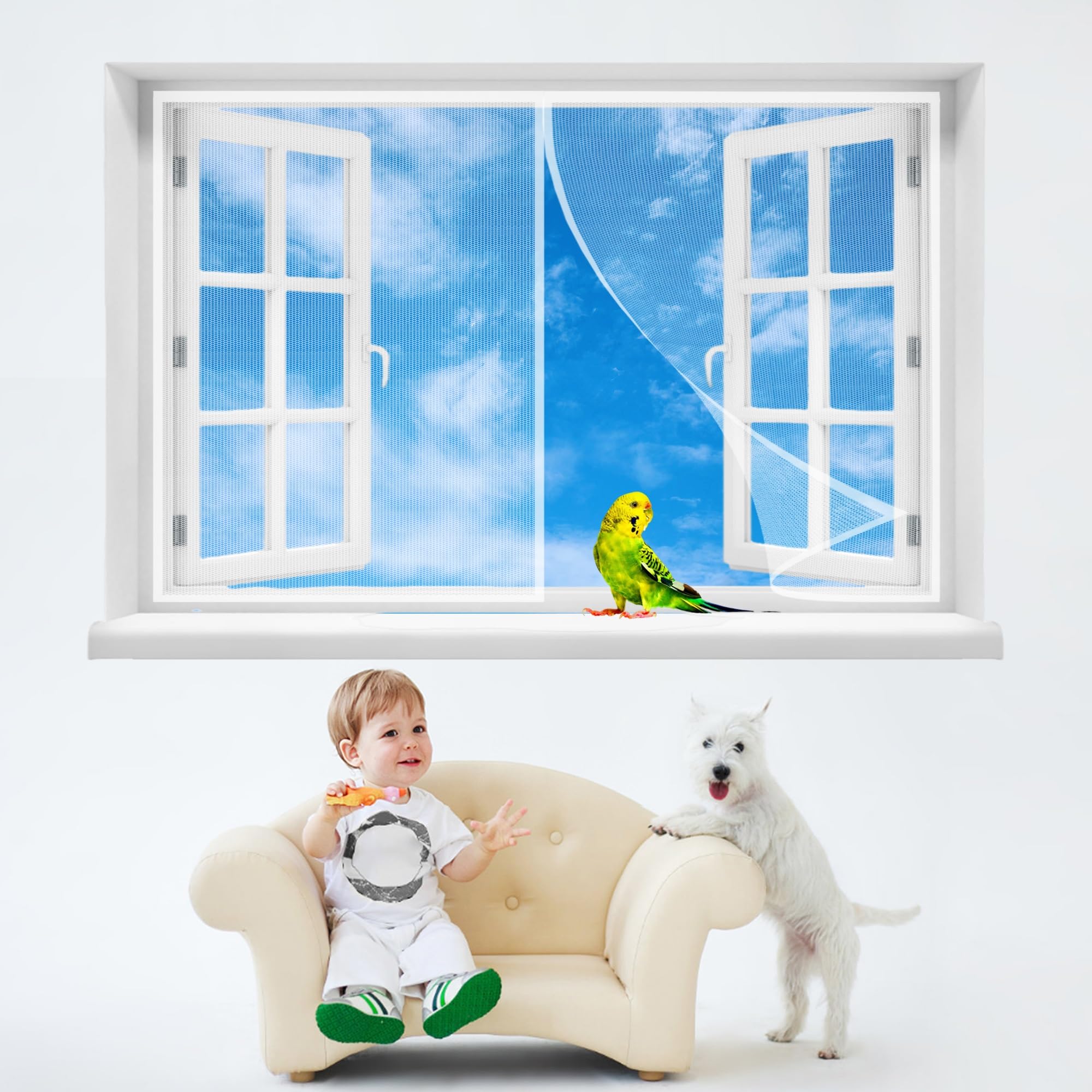Fly Window Screen, 60x125cmFly Nets for Windows, Powerful Magnets, Ensure All Bugs are Kept Out, Snap Shut Automatically for Patio, Sliding,White