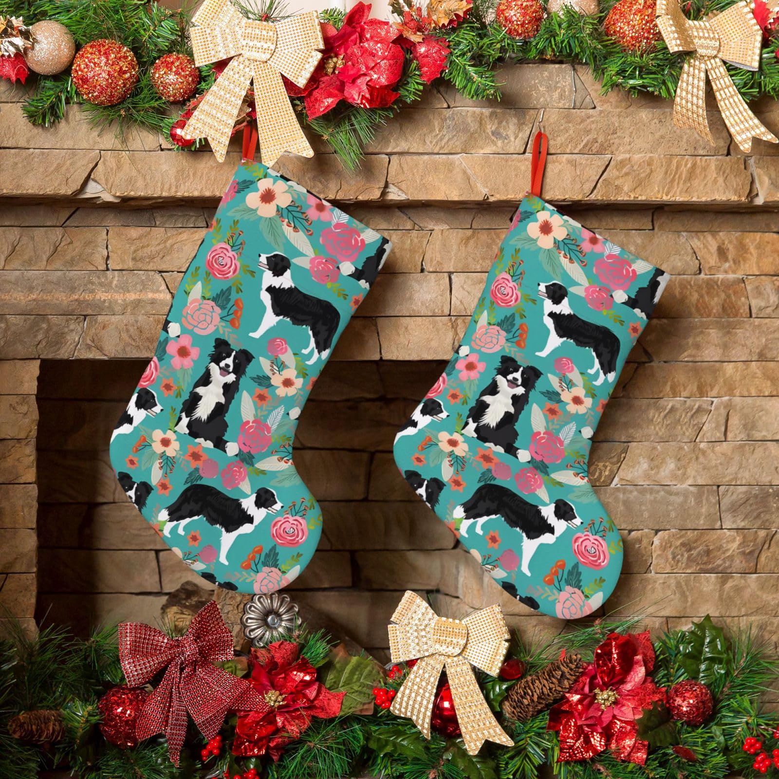 KLOPH Christmas Stockings 18" Personalized Xmas Stocking Border Collie Florals Decoration Stocking Hanging Fireplace Stocking for Holiday Xmas Tree Christmas Fireplace Decor