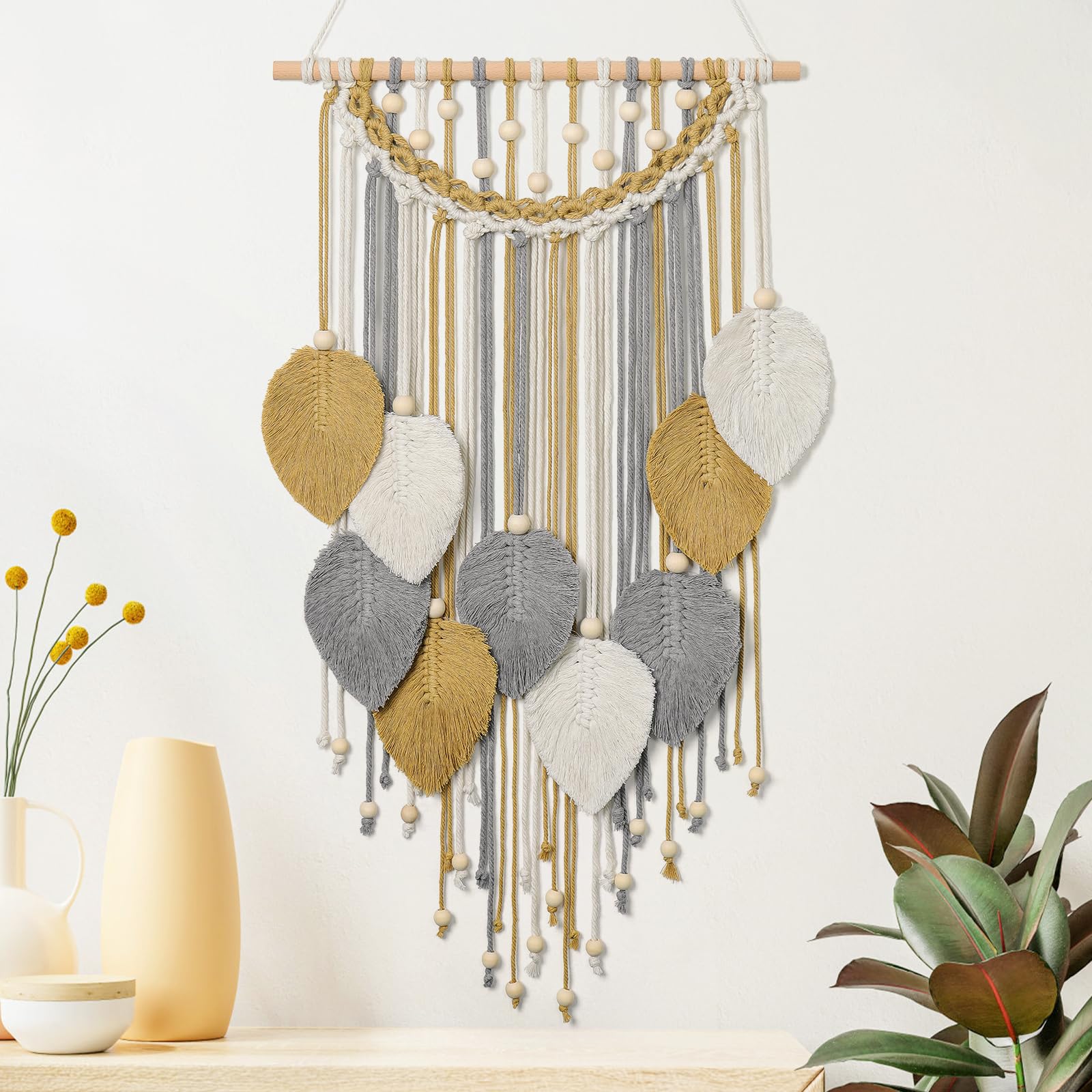 Weldomcor Macrame Wall Hanging Boho Leaf Woven Tapestry, Bohemian Chic Home Decor Modern Handmade Leaves Feather Wall Art Decorations for Bedroom Living Room Apartment Ornament 16.5" W X 31.5" L