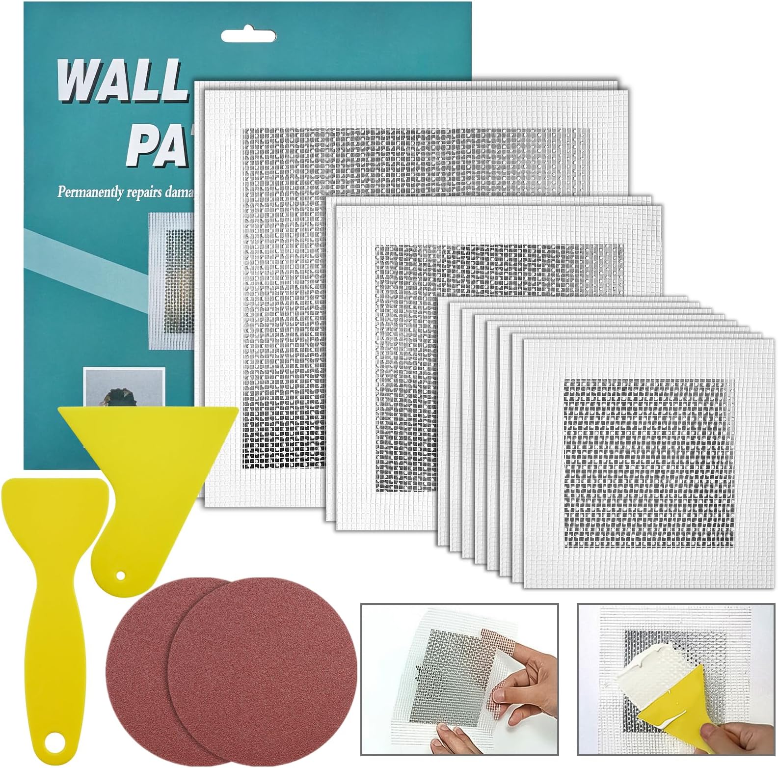 TUZAZO 12 Pack Drywall Repair Kit, 4/6/8 Inch Aluminum Fiber Mesh Dry Wall Repair Patches with Scraper and Sandpaper, Self-Adhesive for Ceiling Plaster Wall Hole Easy Solution