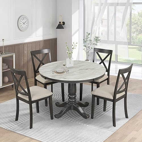 Miniatura 19 de Harper & Bright Designs Juego de mesa de comedor – Juego de comedor redondo de 5 piezas con 4 sillas de madera Blanco,Azul antiguo,Blanco