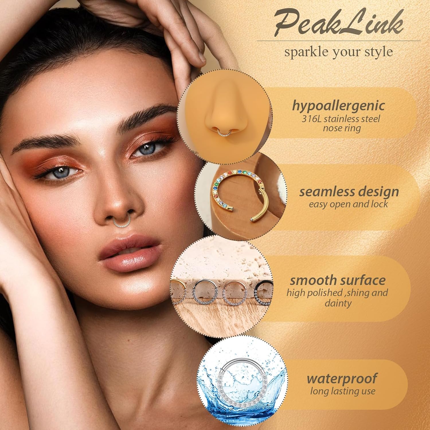 PEAKLINK 16G 18G 316L Stainless Steel CZ/OPAL Septum Piercing Septum Clicker Ring Hinged Nose Ring Daith Earrings Conch Piercing Jewelry Helix Cartilage Tragus Lobe Belly Hoop Earring - Image 5