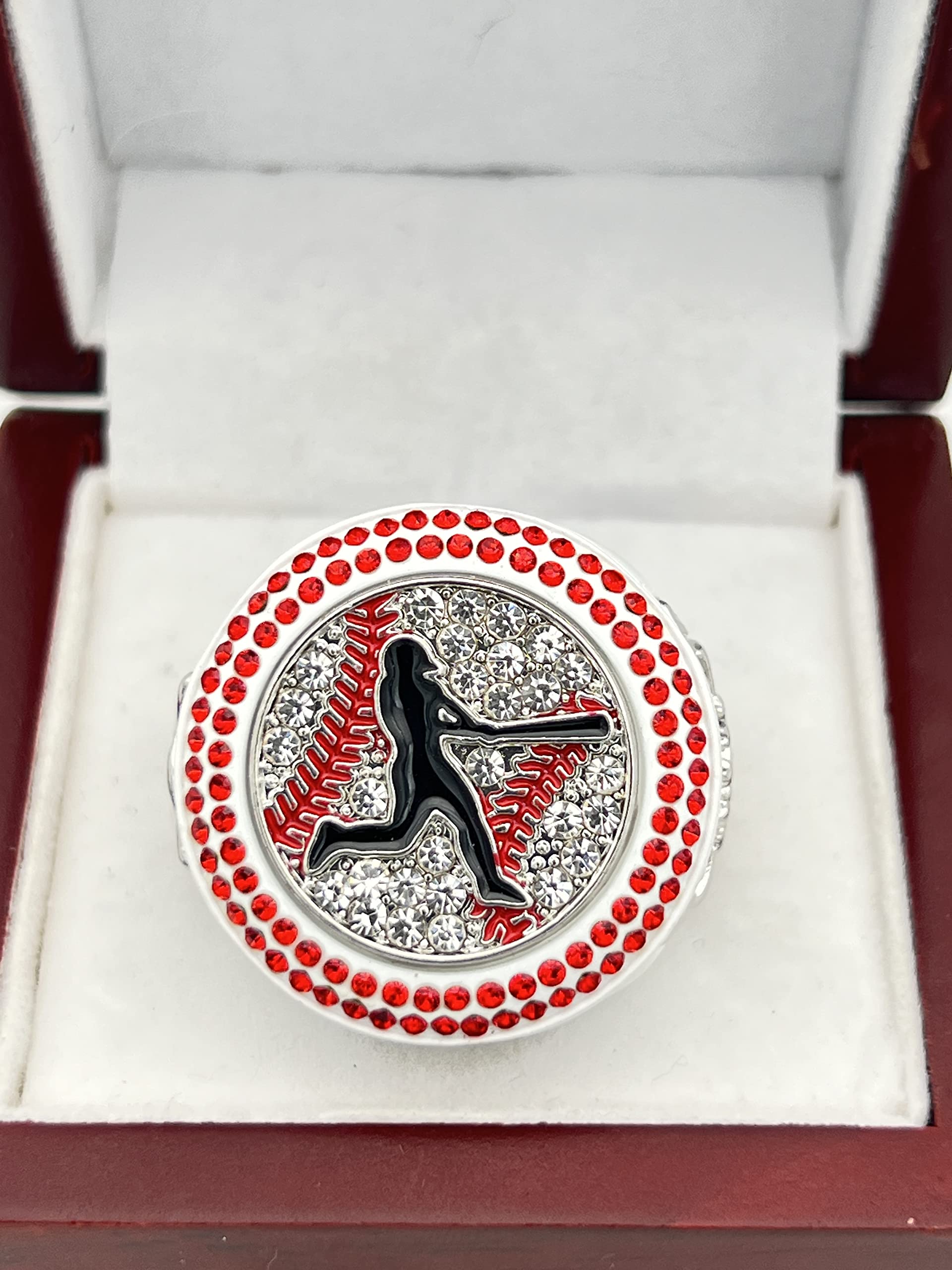 Discount Sports Rings Deluxe Batter Ring, WHITE FINALIST RED STONES, Premium Softball Baseball Tournament Rings 28-10