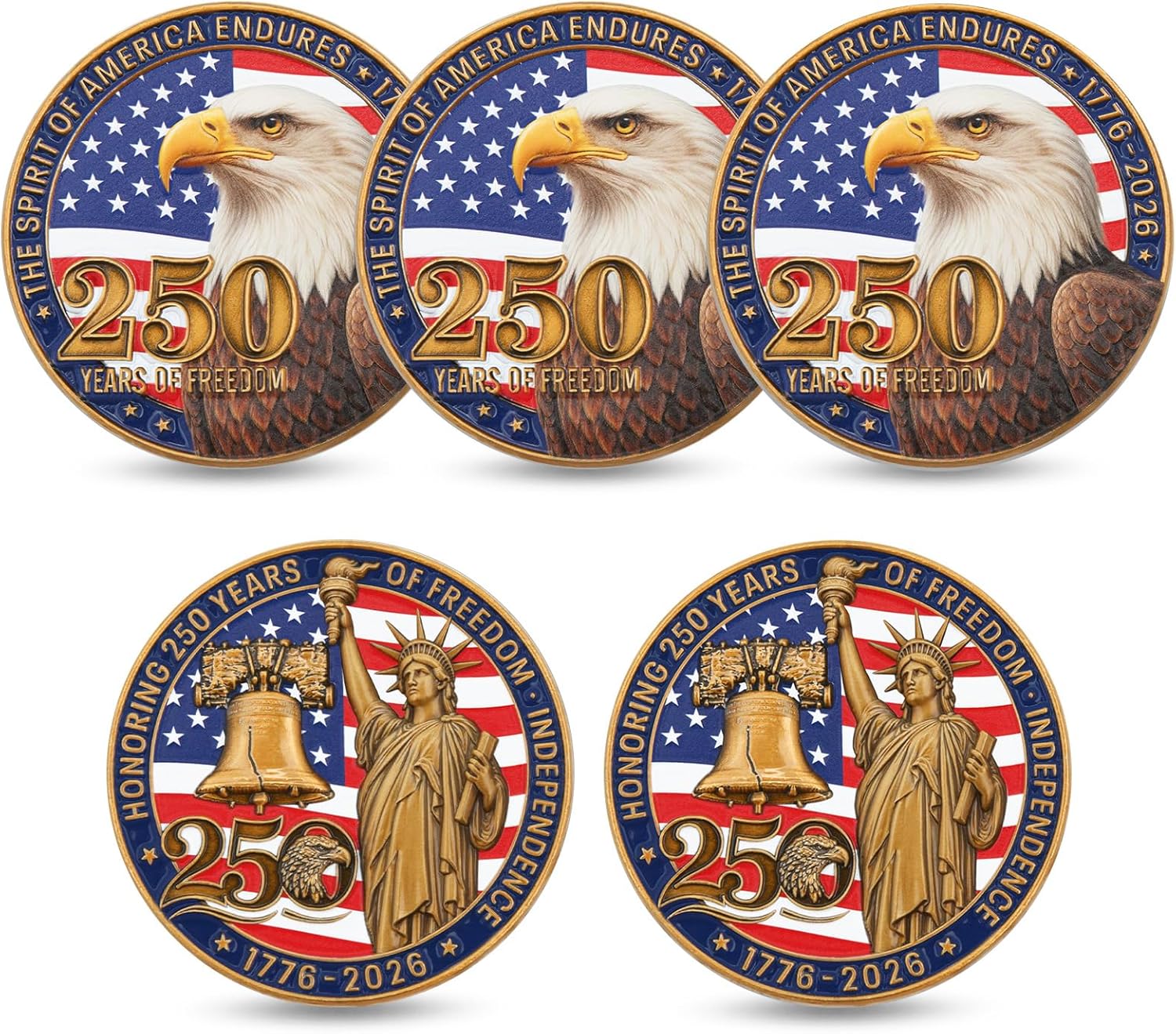 USA 250th Anniversary Challenge Coin Set – Bald Eagle & Liberty Design, 1776–2026 250 Years of Freedom Collectible Coins, Heavyweight Zinc Alloy with Clear Acrylic Cases (5 Pack)