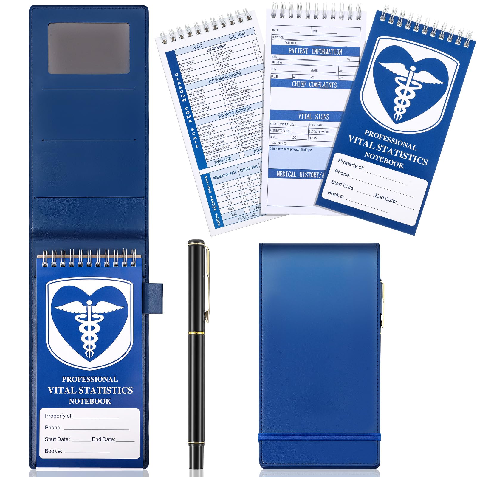 Resurhang 3 Pcs EMT Vital Statistics Notebook with PU Leather Cover Pen 4 x 8 Top Bound Spiral First Responder Notepad Medical Notebook for Vital