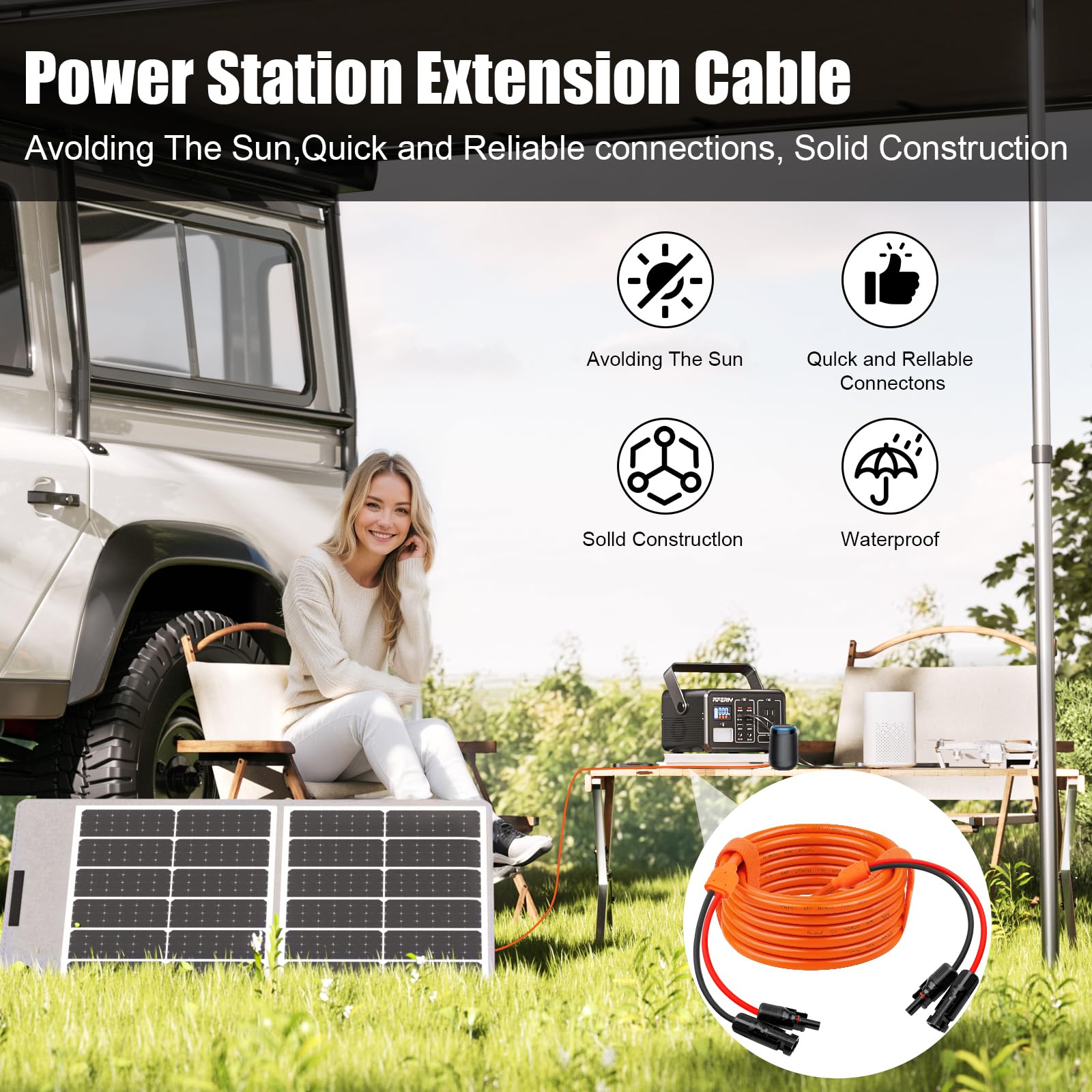 Kabel przedłużający solarny 14 Gauge 30 FT, 10 AWG, kabel panelu słonecznego ze złączami żeńskimi i męskimi, 14AWG, czerwone i czarne główne przewody solarne, wytrzymały kabel zasilający do kampera