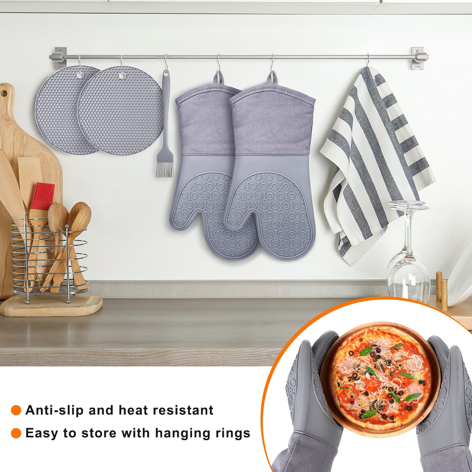Ofenhandschuhe 5 Stück Hitzebeständig rutschfest mit Silikonbeschichtung Kochhandschuhe mit Langem Schutz für Backen Grillen und Kochen
