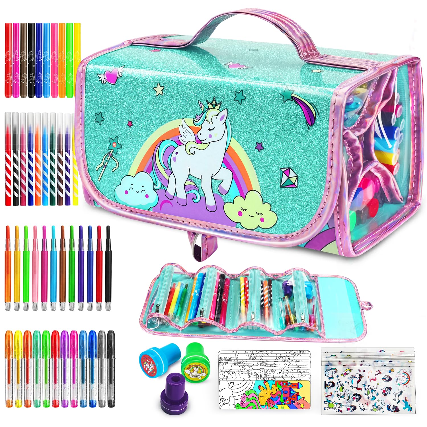 Kit Artistico Unicorno Per Bambine - 56 Pezzi Con Pennarelli Profumati, Pastelli E Adesivi - Foto 10