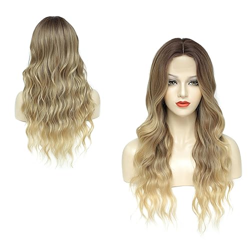 WEIWENHEE Peluca larga rubia ombré, peluca ondulada con mezcla de rubio, parte media, línea capilar realista, fibra sintética resistente al calor,