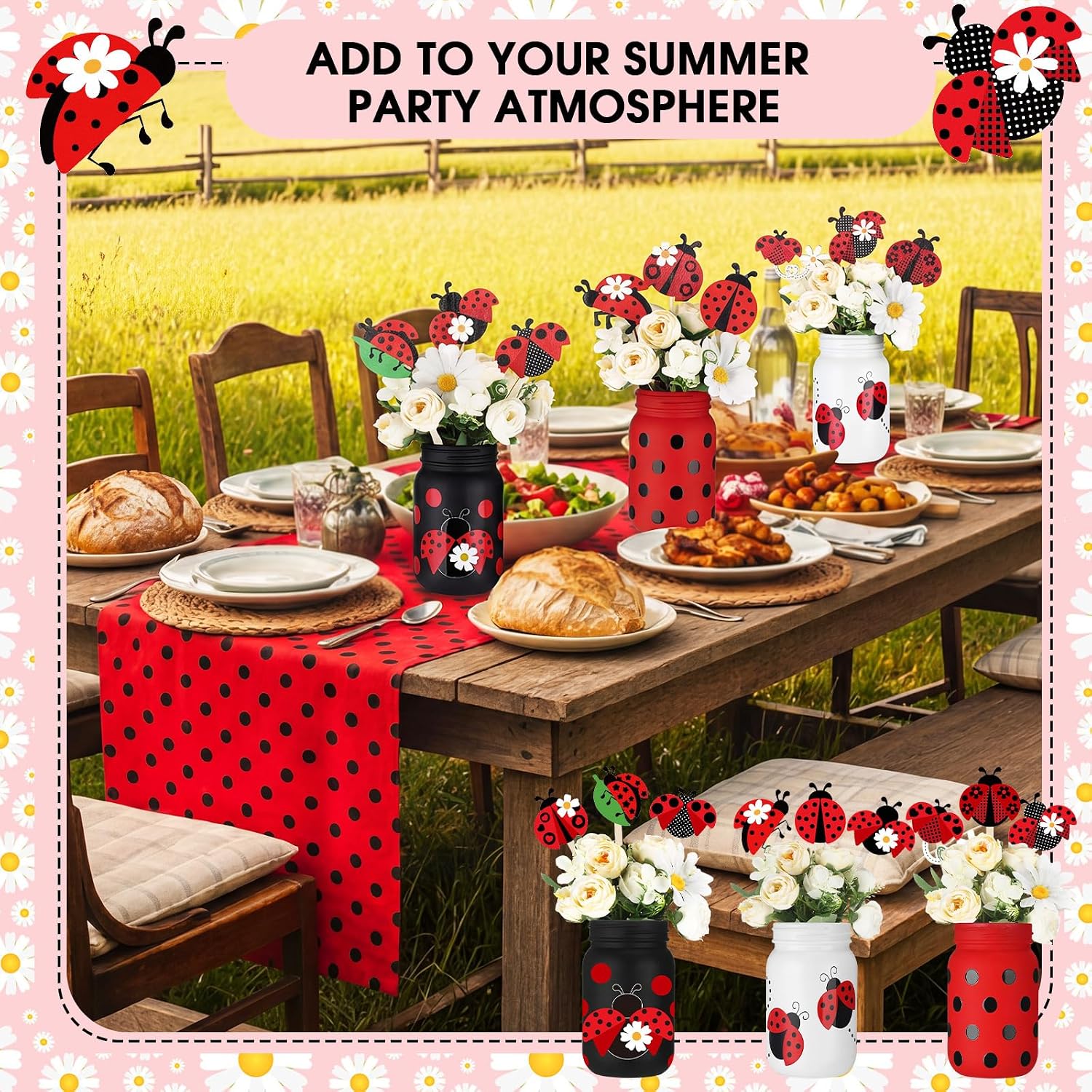 Ladybug Glass Jar Decor Set 9 Pcs 9" Double-Sided 3D Ladybug Wooden Picks & 3 Rustic 16oz Jars Summer Vintage Table Centerpieces for Baby Shower Birthday Party Kitchen Garden Home Decoration