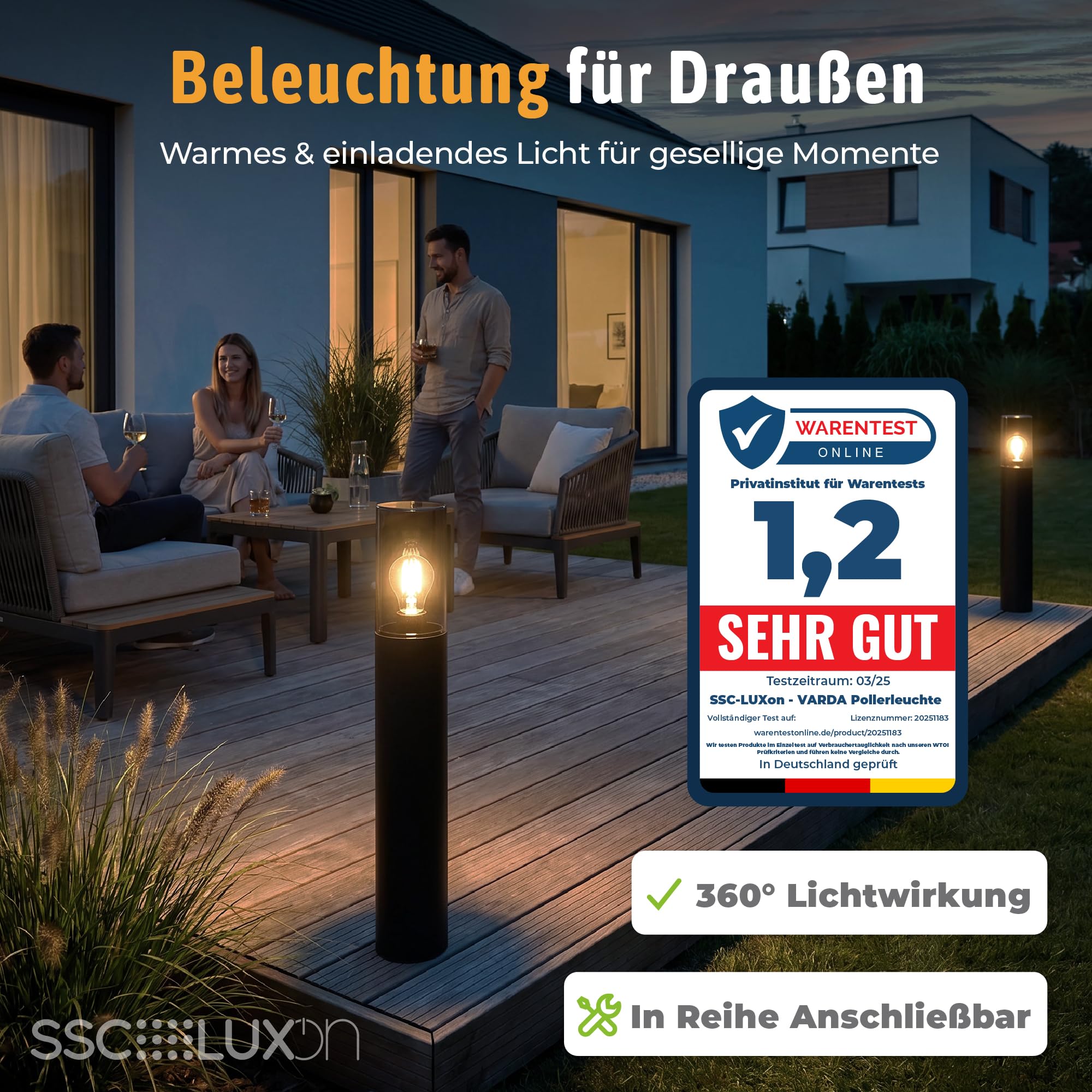 SSC-LUXon 2x VARDA Pollerleuchte mit Bewegungsmelder Höhe 50cm für E27 | Standleuchten mit Bewegungsmelder & Dämmerungssensor - für E27 (Lieferung ohne Birne), reihenschaltbar, IP44 wetterfest