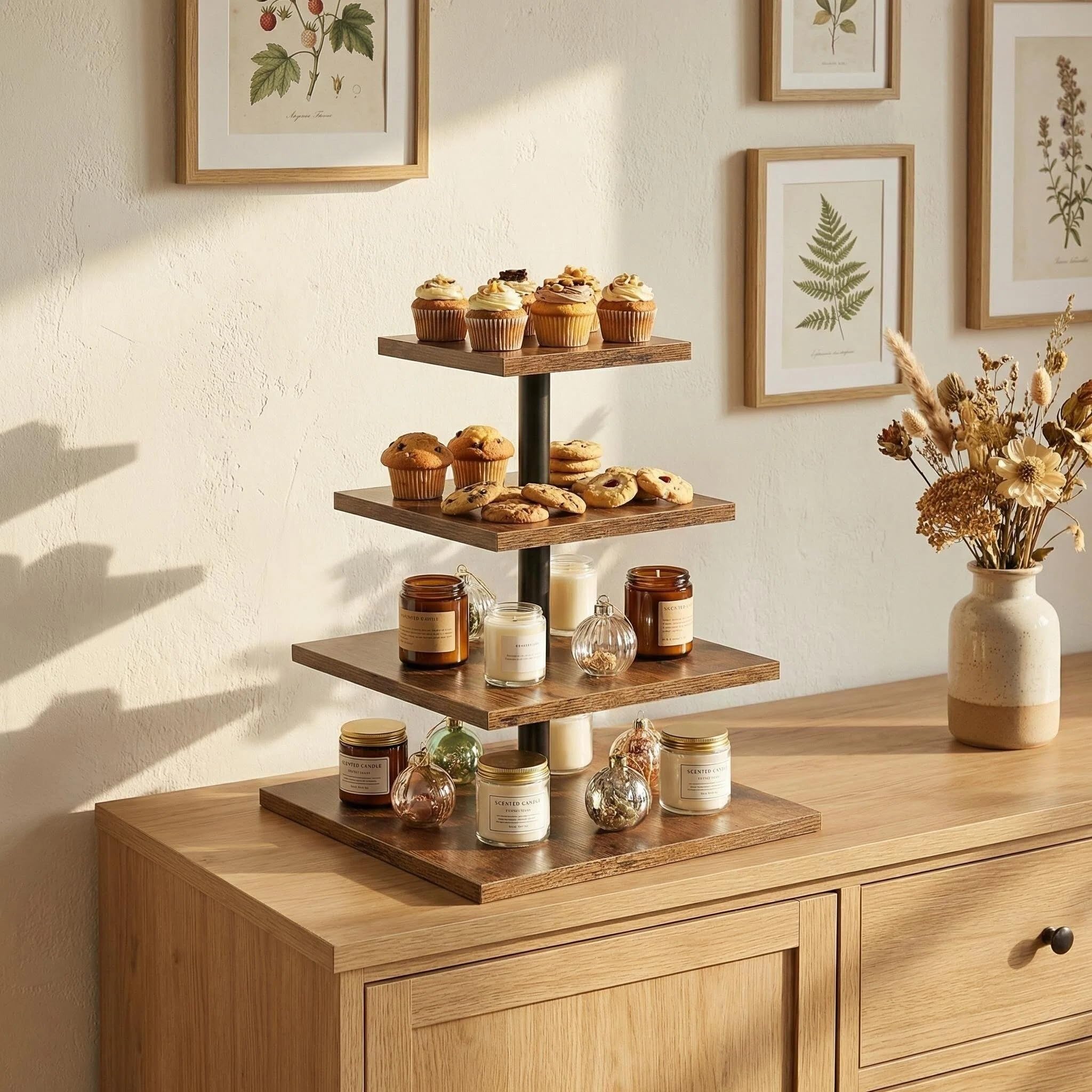 4-stöckige Etagere Holz Tortenständer | Cupcake Ständer & Servierständer für Desserts, Gebäck & Obst | Rustikaler Kuchenständer für Hochzeit, Party & Küche | Stabiles Design mit Metallrahmen