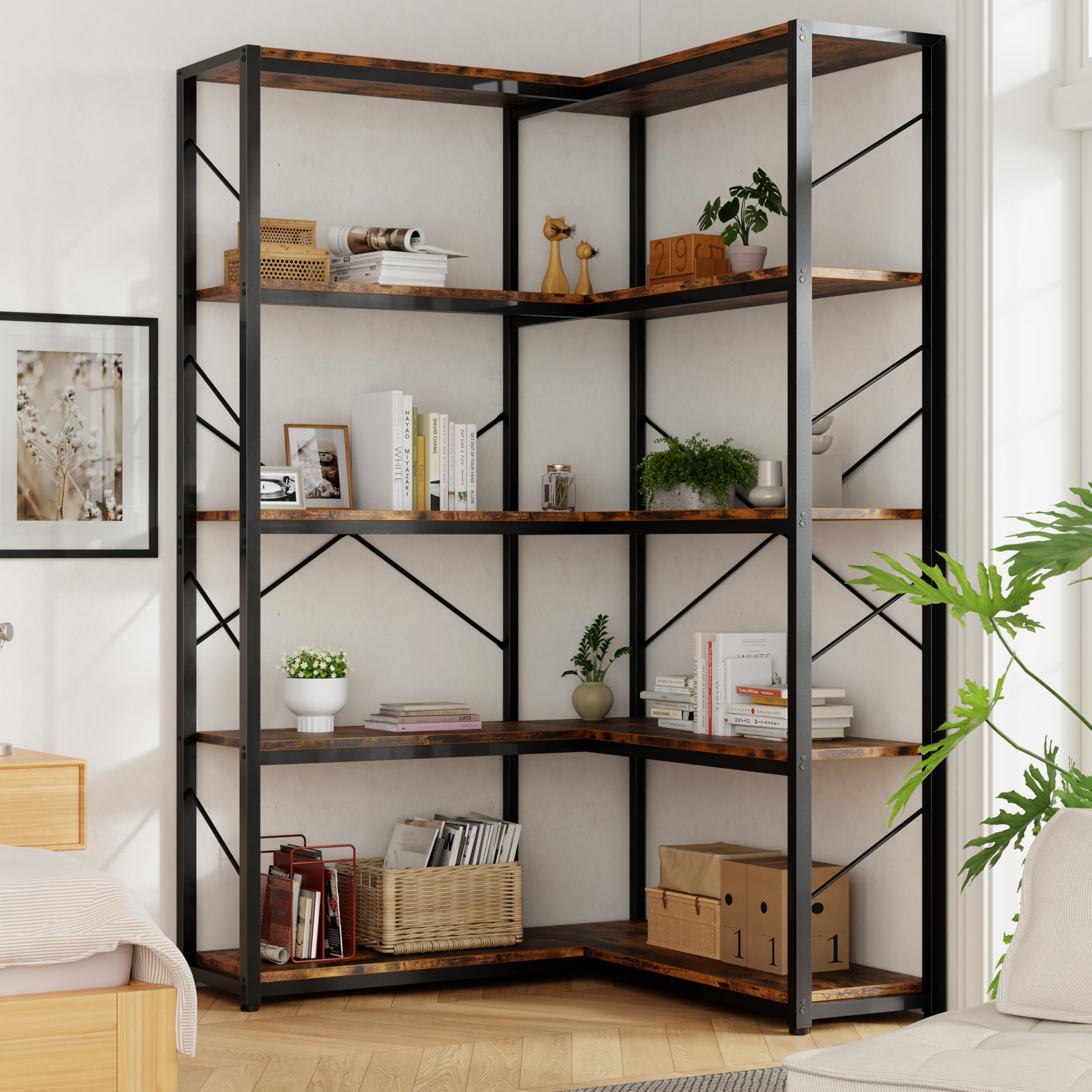Amazon.com: Shintenchi 5 Tier Corner Bookshelf,L Shaped Bookcase