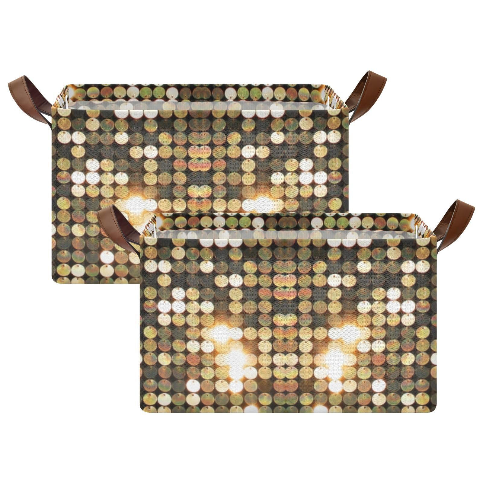 Golden Background Mosaic with Gold Light Spots 2PC Rectangle Foldable Frame Basket Leather Handles Storage Bin for Laundry Bathroom Organizer M 16.9 x 11.4 x 10 inch