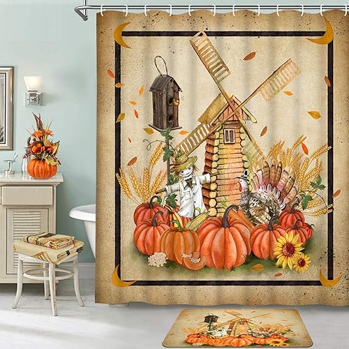 Miniatura 3 de Juego de 7 cortinas de ducha de otoño de Acción de Gracias con alfombras y toalla, incluye alfombra antideslizante, cubierta para tapa de inodoro,