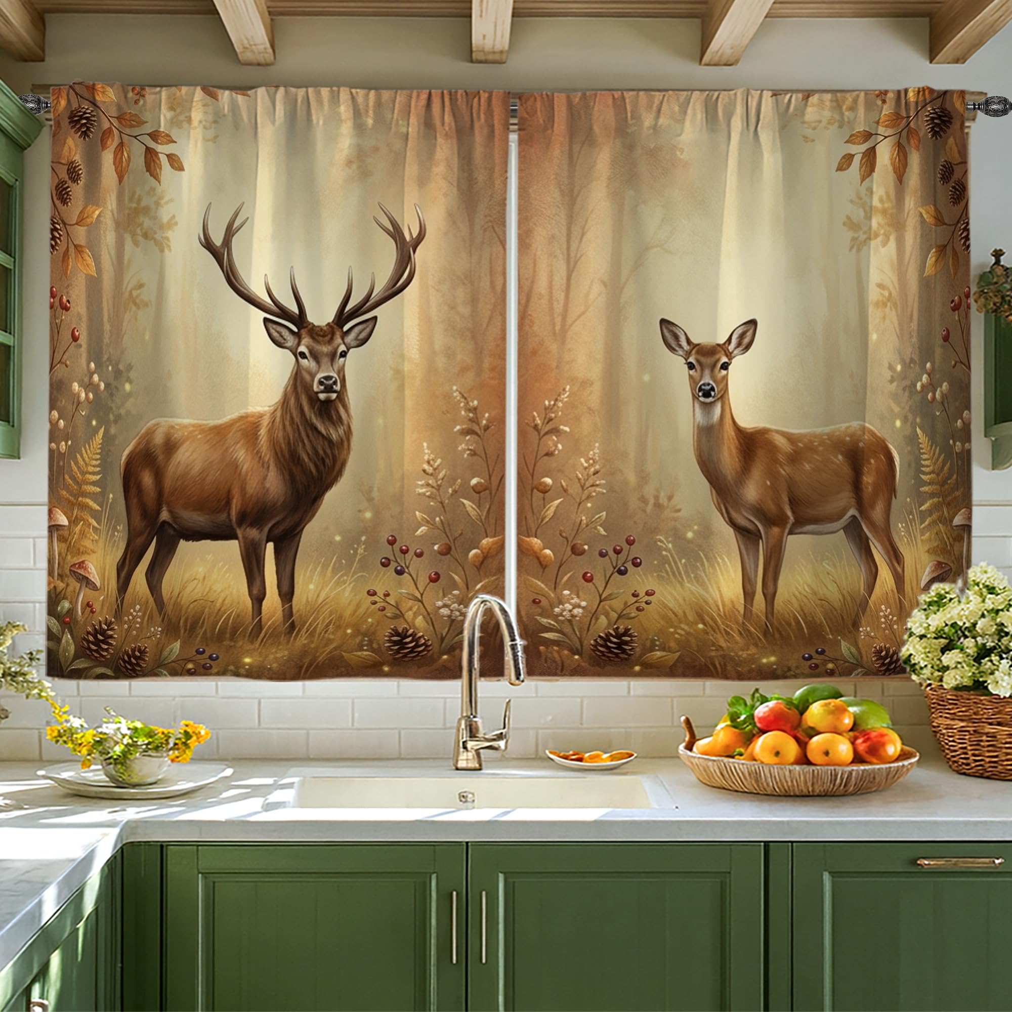 Rideaux de cuisine rustiques feuilles de forêt marron 106x114