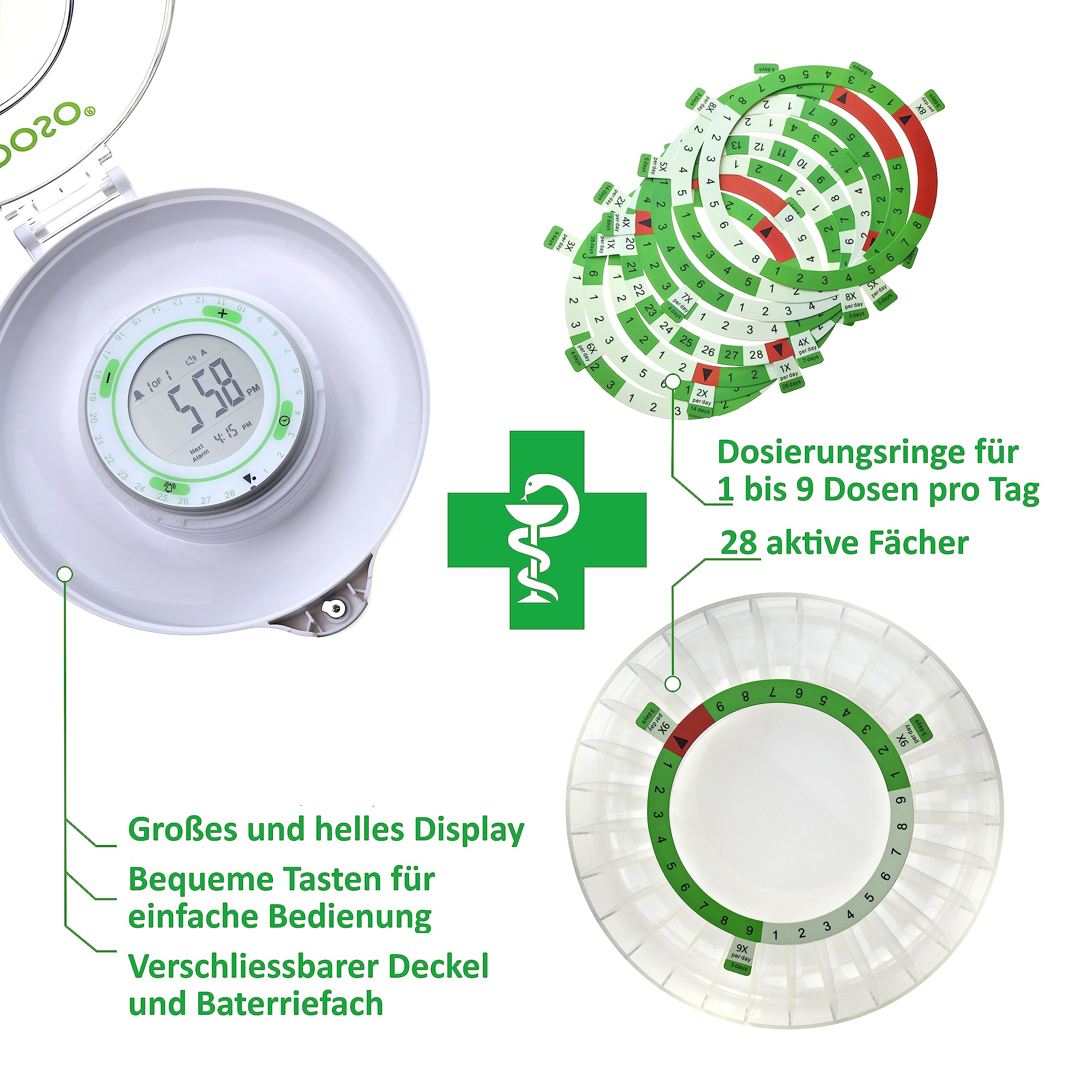 Automatische Box für Medikamente Tabletten Ginkgo Biloba Ergänzungsmittel | Bei Vergesslichkeit im Alter oder leichter Demenz | 9 Alarme | Großes Display | Deutsche Ringe (Matt)