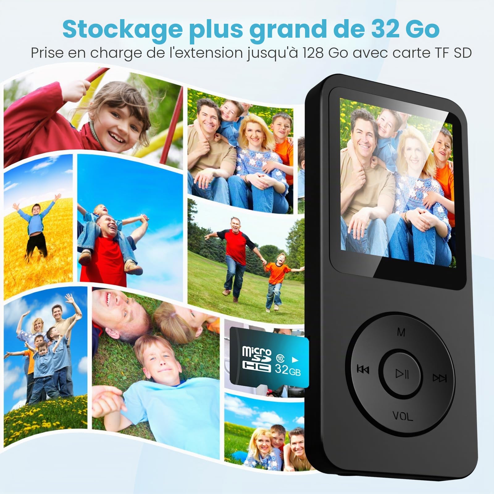 32Go Lecteur MP3 Classique - Bluetooth 5.3 Lecture Musique sans Perte Hi-FI Petit Baladeur MP3 Sport mit Kopfhörer pour Enfant/Adulte Super Léger 30g, Carte TF Jusqu’à 128G -Noir