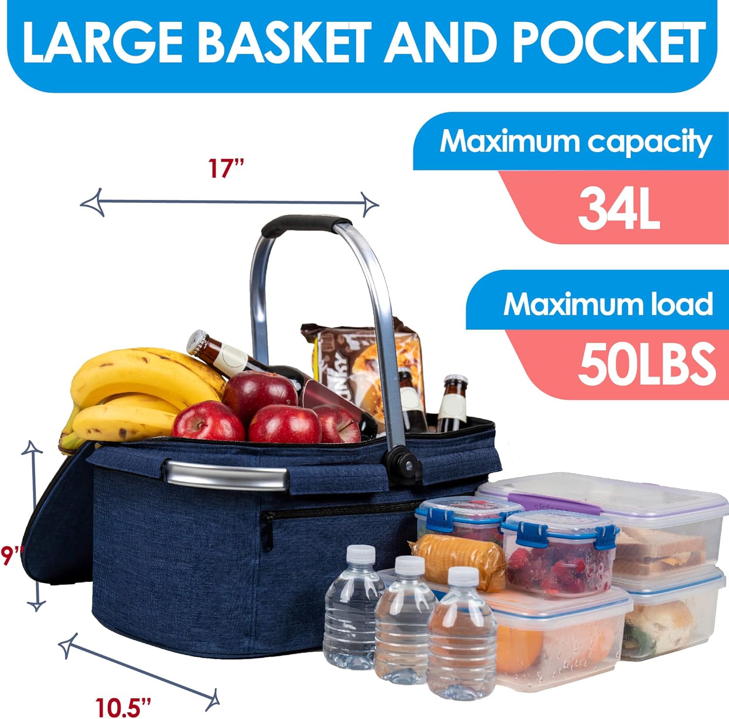 Hapinest 34L Large Picnic Basket and Blanket Set for 2-6, Blue Heather Navy | Insulated Collapsible Basket with Waterproof Outdoor Beach Blanket | Gifts for Couples, Housewarming, or Wedding : Patio, Lawn & Garden