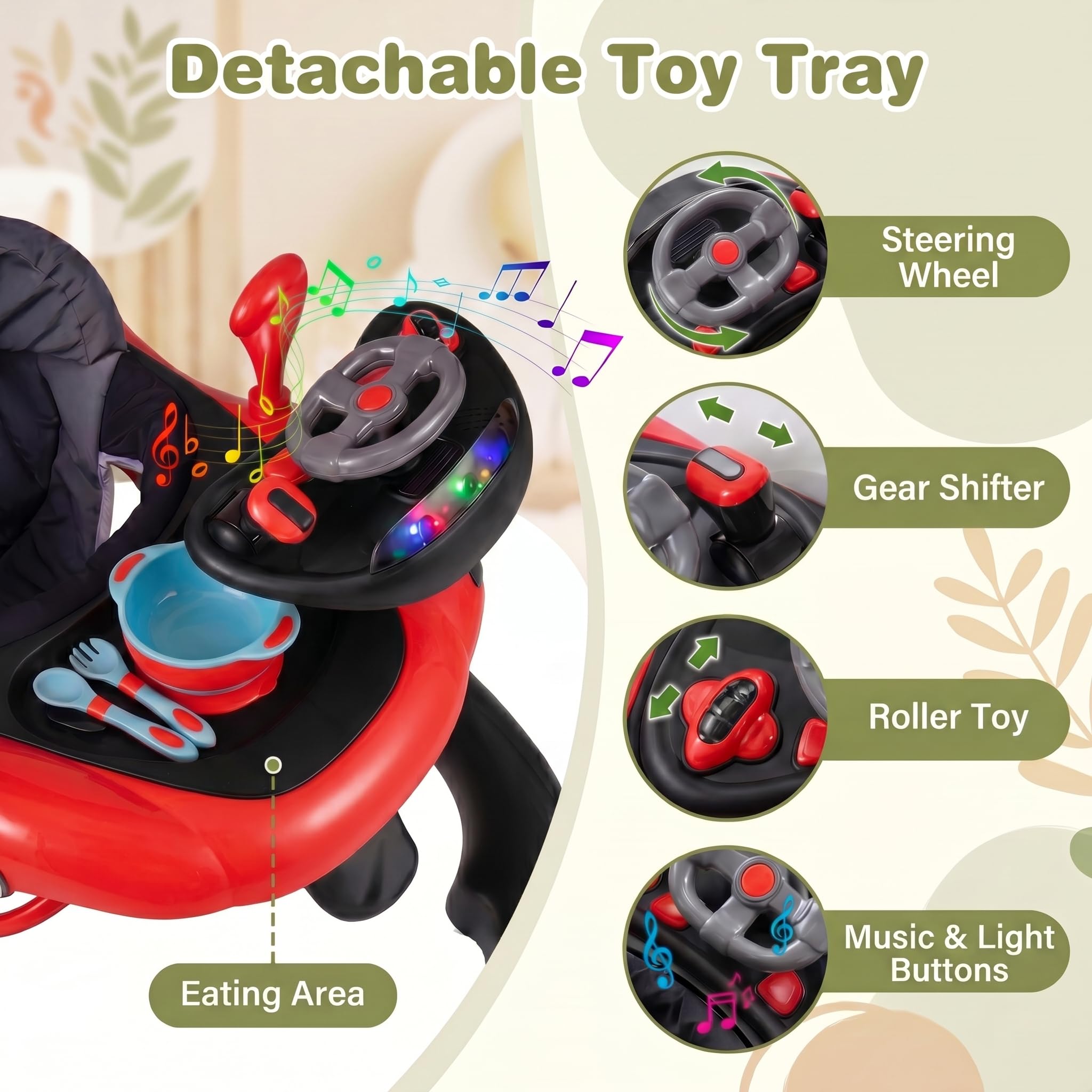 LIFEZEAL Lauflernwagen mit Sonnenschirm, 6-in-1 Lauflernhilfe Gehhilfe Baby mit Licht, Musik, Spielecenter & Tablett, Baby Walker mit einstellbarer Höhe & Geschwindigkeit, ab 7-18 Monate (Rot)